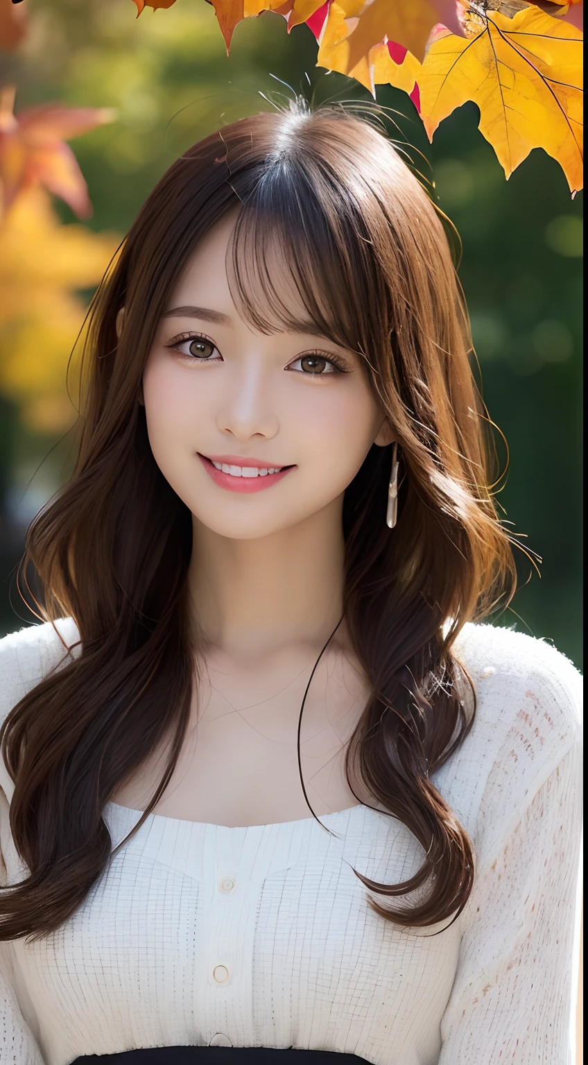 masutepiece, Best Quality, Illustration, Ultra-detailed, finely detail, hight resolution, 8K Wallpaper, Perfect dynamic composition, Beautiful detailed eyes, Autumn Women's Fashion,waved hair,small tits、Natural Color Lip, Bold sexy poses,Smile,Harajuku、20 years girl、Cute、Sexy shot looking at camera