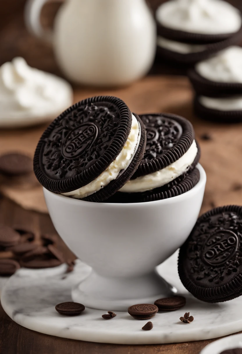 Capture the essence of indulgence and perfection in a product photograph that showcases Oreo cookies. Design a visually stunning and mouthwatering composition by arranging Oreo cookies in a creative and appetizing way. Utilize expert lighting techniques to highlight the cookies' texture and cream filling, creating a tantalizing contrast. Incorporate elements that convey the irresistible crunch and creamy delight of Oreo cookies. Add a touch of elegance and sophistication to the setting to evoke the sense of an extraordinary treat in every bite