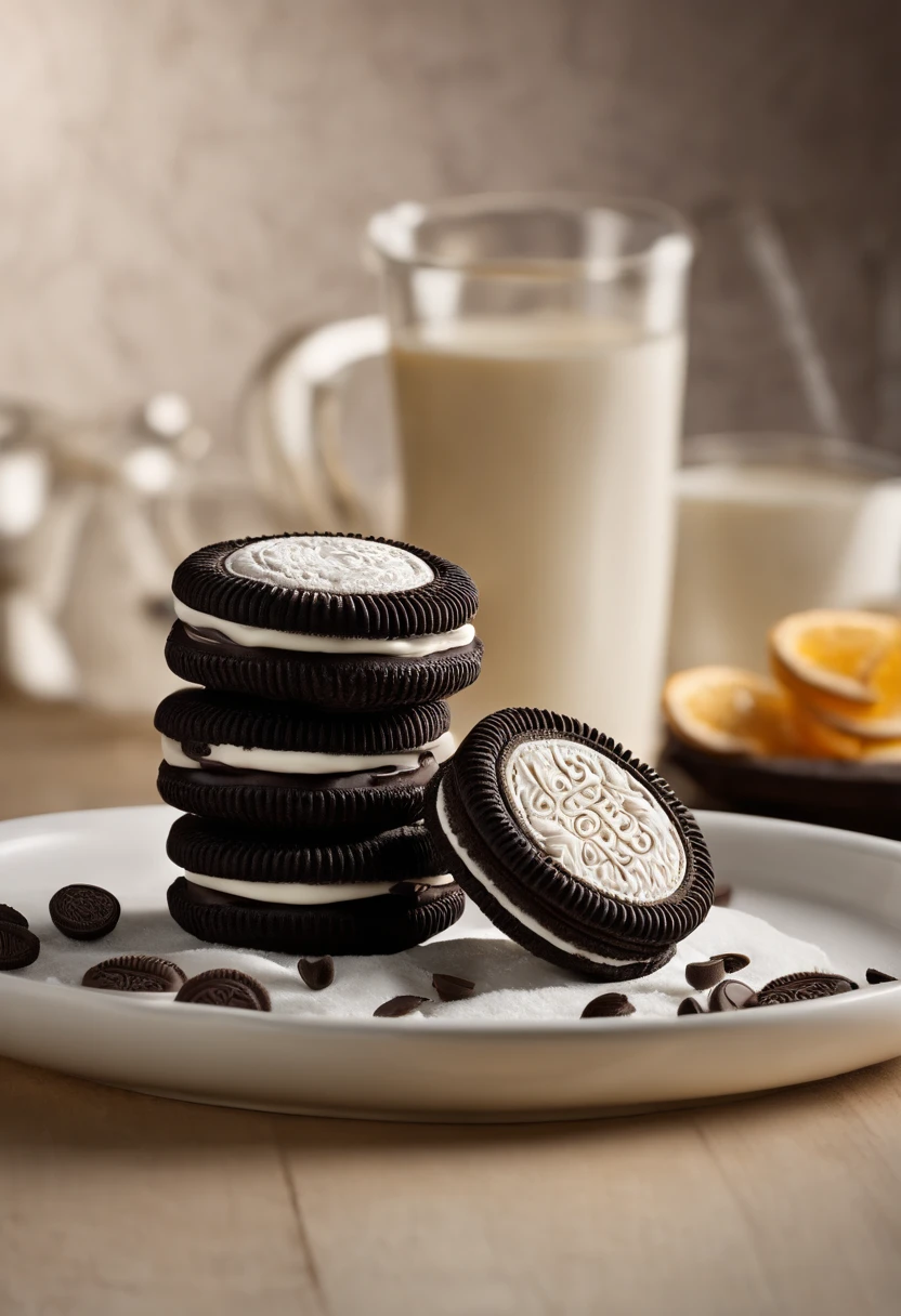 Capture the essence of indulgence and perfection in a product photograph that showcases Oreo cookies. Design a visually stunning and mouthwatering composition by arranging Oreo cookies in a creative and appetizing way. Utilize expert lighting techniques to highlight the cookies' texture and cream filling, creating a tantalizing contrast. Incorporate elements that convey the irresistible crunch and creamy delight of Oreo cookies. Add a touch of elegance and sophistication to the setting to evoke the sense of an extraordinary treat in every bite
