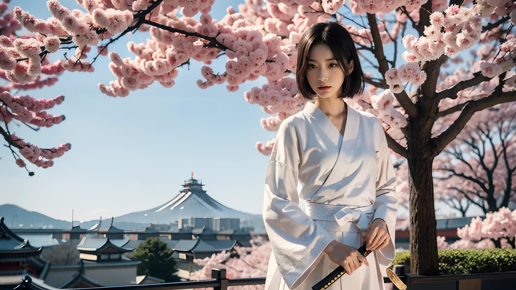 ((Small lower chest,Tomboyish,small heads)),  (short-length straighthair: 1.2), Black hair，Upper body,（极其细致的CG 8k壁纸），（Extremely refined and beautiful），（Masterpiece），（best qualtiy：1.0），（超高分辨率：1.0），beautiful light up，Perfect lightning，realistic shaded，[A high resolution]，Smooth and flawless fair skin，ultra - detailed ，(Small breasts:1.1)，Flat chest，Slim，emaciated，slender waist，serious，Mighty，（a seven quarter sleeved white kendogi:1.1），（maxi red kendo hakama：1.1），white short socks, geta，spring,night，In front of a tall huge Japanese castle，sakura blooms，standing，outside，Tree-lined roadsides，Close-up，(a long scabbard samurai katana:1.2)，Holding the katana handle with both hands，Wielding the samurai katana
