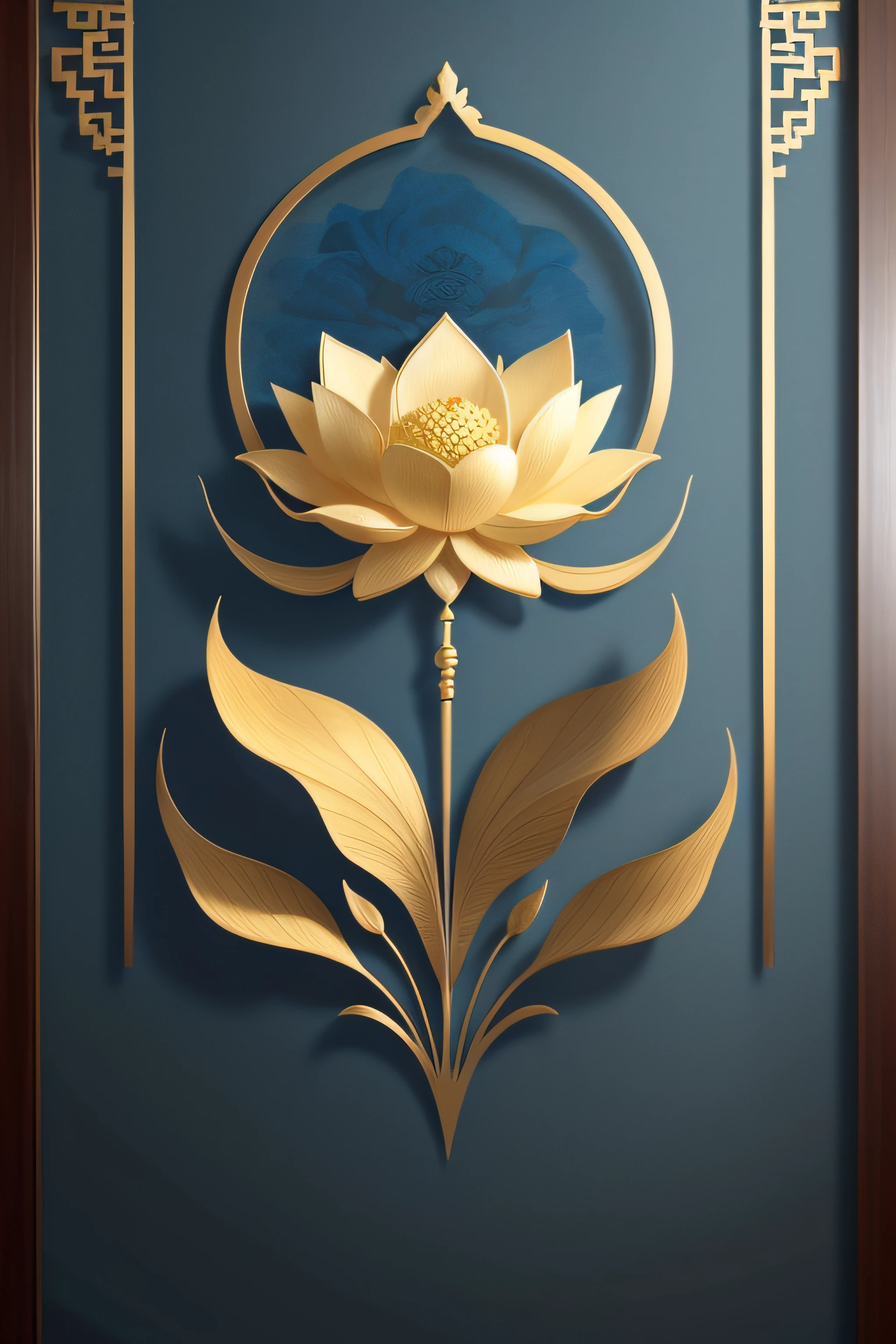 lotus flower ，Lotus leaf，Chinese wall art in blue and gold，Dark blue Chinese art print, Chinese décor, Minimalist wall art, Indigo