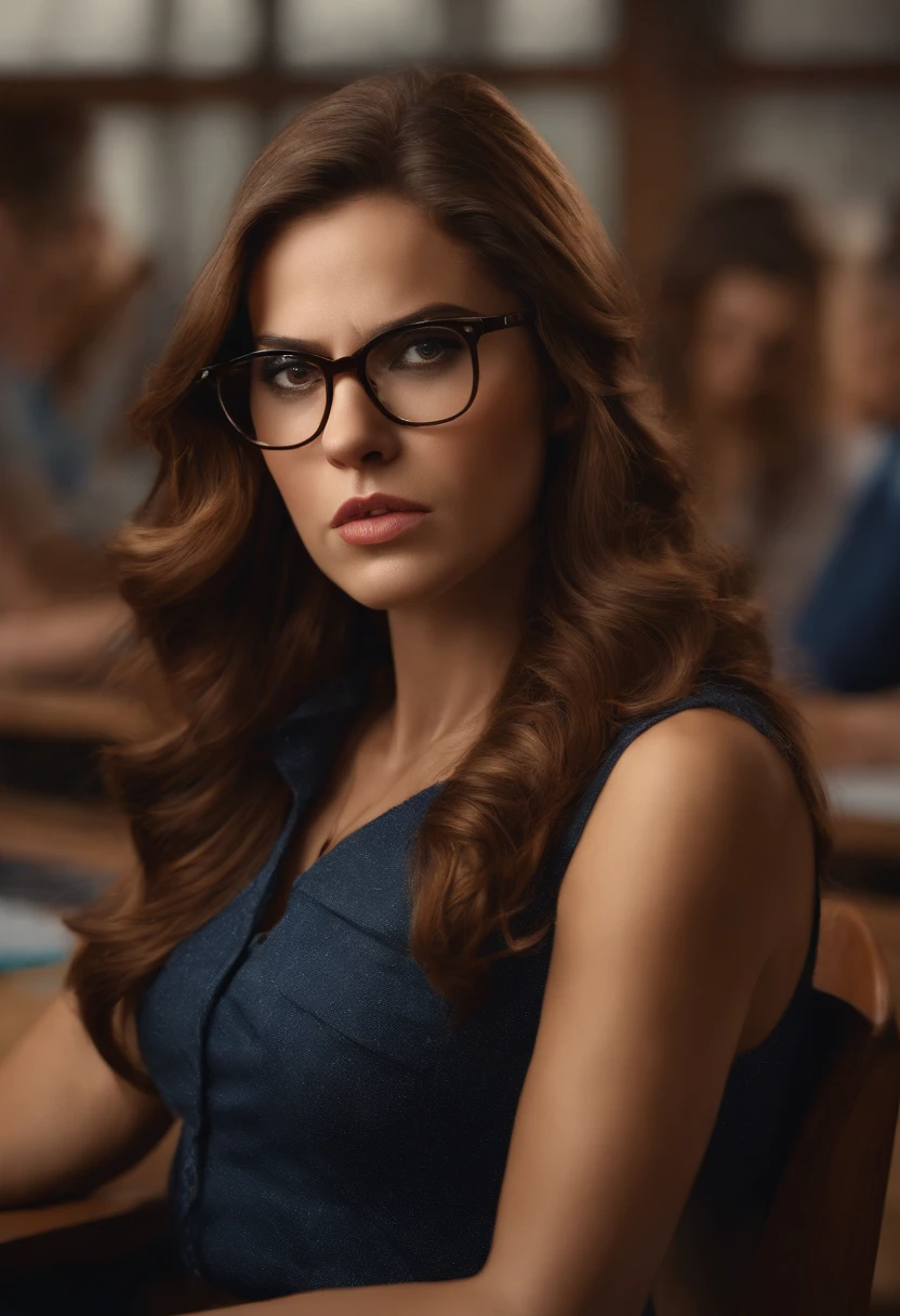 Masterpiece, of the best quality, a woman with long brown hair, with glasses, with an expression angry, angry, in the classroom, Artie Guéran style