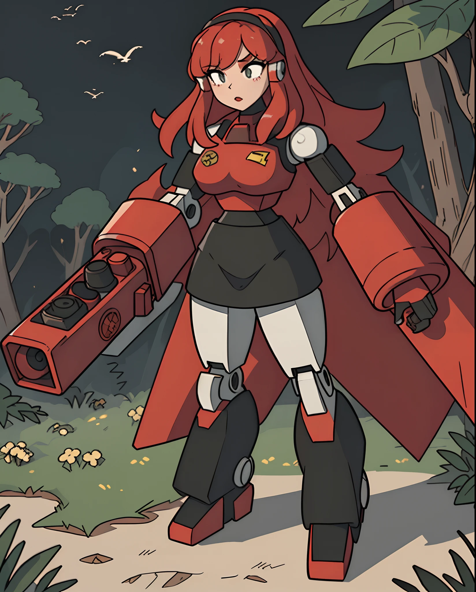 Masterpiece, high quality, 1girl: a close up of a cartoon character holding a gun, mecha asthetic, female mecha, # mecha, mecha suit, mecha anime, mecha inspired, mecha animal, full body mecha suit, mecha art, mecha anthropomorphic penguin, greek god in mecha style, cool mecha style, full body red mech, heavily armored, large black dress, tall, tall and muscular build, heavy armor, armored, black skirt, tall imposing physique , lush fields with forest background, large flowing black dress with red trim