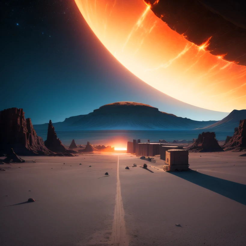 Alien base (Very detailed) In the mountainous desert,There are several exhaust fans and chimneys, Some spotlights come out of the base to illuminate dark places, (Extreme nights), Some clouds in the night sky, Some of the surrounding planets provide air to unknown planets,The farthest giant volcano is erupting