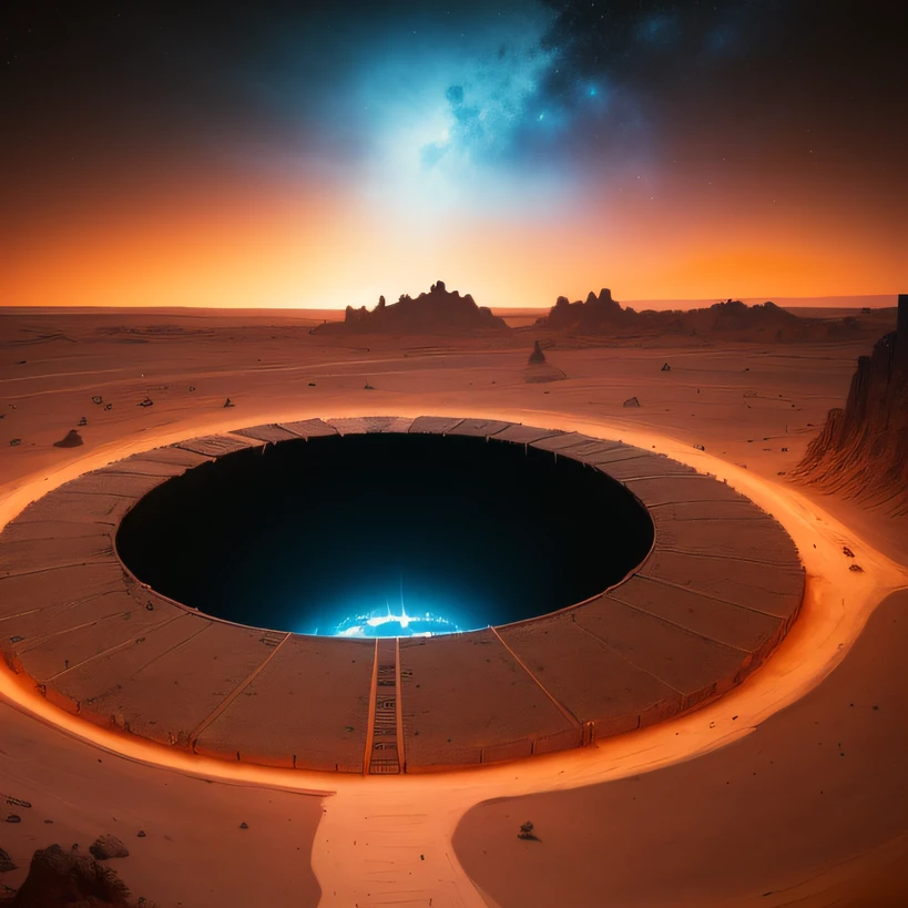 Alien base (Very detailed) In the mountainous desert,There are several exhaust fans and chimneys, Some spotlights come out of the base to illuminate dark places, (Extreme nights), Some clouds in the night sky, Some of the surrounding planets provide air to unknown planets,The farthest giant volcano is erupting