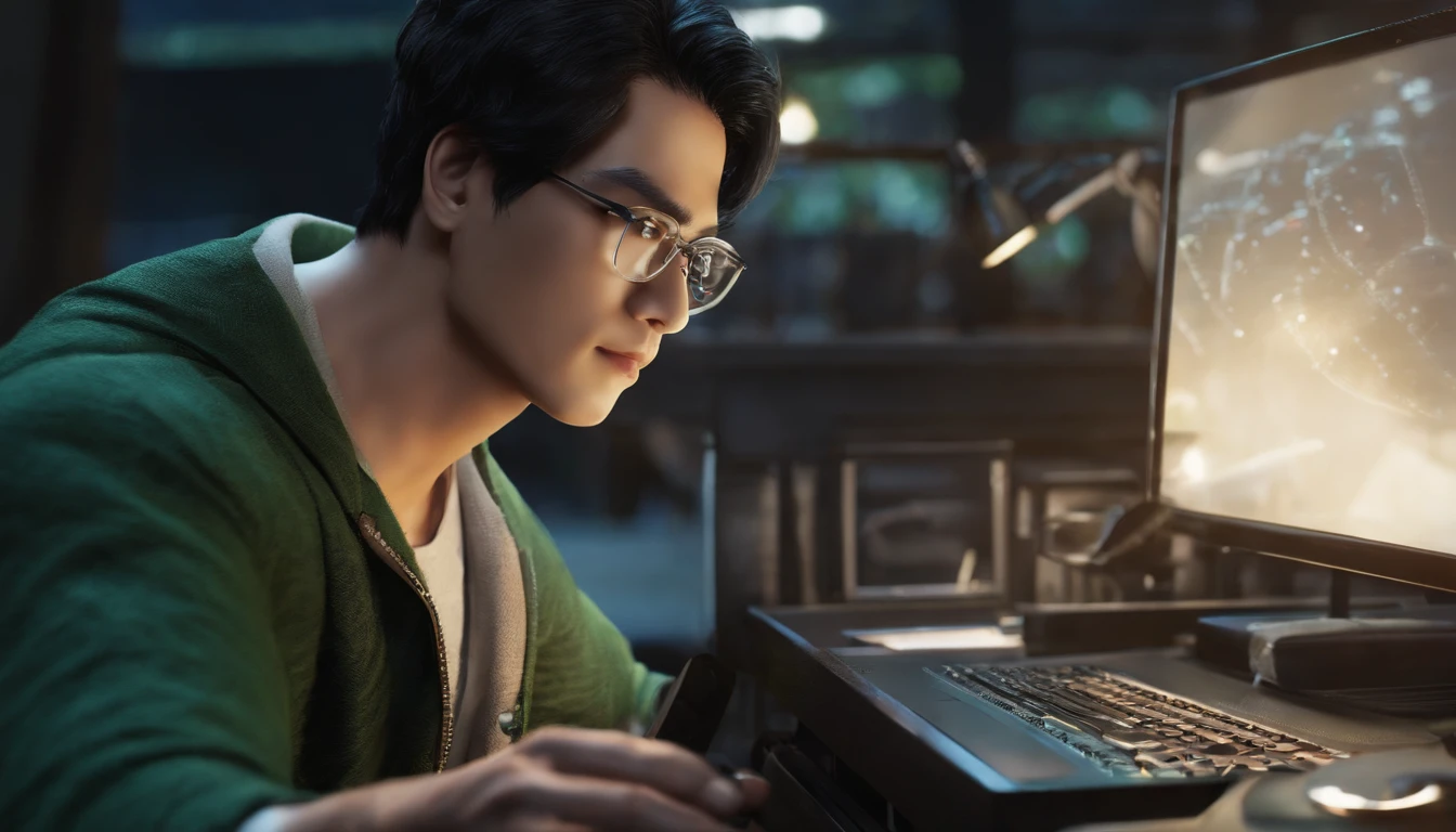 (best quality, masterpiece1.2), detailed,1asia man with computer, wear glasses,on working,black hair,hair stand,solo,looking at viewer, Over-the-shoulder shot,selfie, dynamic pose,dark smile ,detailed eyes , half body, red eyes, dark hair , bob cut, hacker, glasses, bokuman ,backgound is green dragon on top