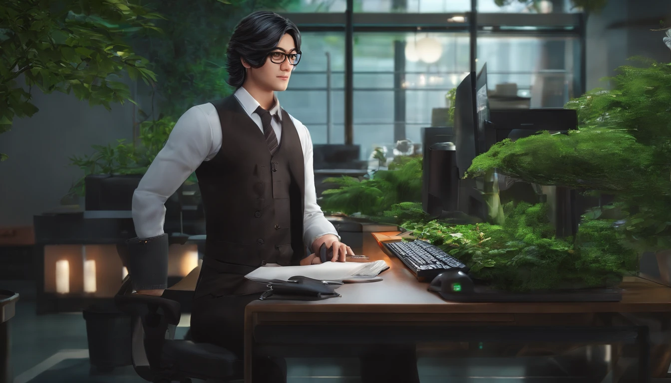 (best quality, masterpiece1.2), detailed,1asia man with computer, wear glasses,on working,black hair,hair stand,solo,looking at viewer, Over-the-shoulder shot,selfie, dynamic pose,dark smile ,detailed eyes , half body, red eyes, dark hair , bob cut, hacker, glasses, bokuman ,backgound is green dragon on top