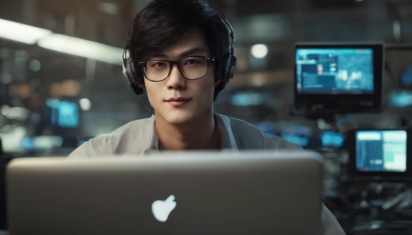 (best quality, masterpiece1.2), detailed,1asia man with computer, wear glasses,on working,black hair,hair stand,solo,looking at viewer, Over-the-shoulder shot,selfie, dynamic pose,dark smile ,detailed eyes , half body, red eyes, dark hair , bob cut, hacker, glasses, bokuman ,backgound is green dragon on top