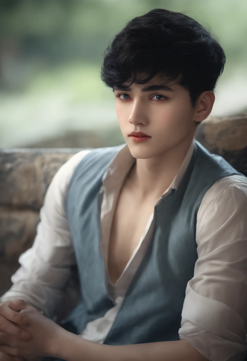 (((absurderes))), (((Best quality))),A boy with short black hair，Sitting weakly，The eyes were empty and there was no expression，Blood stains on the face，realisticlying