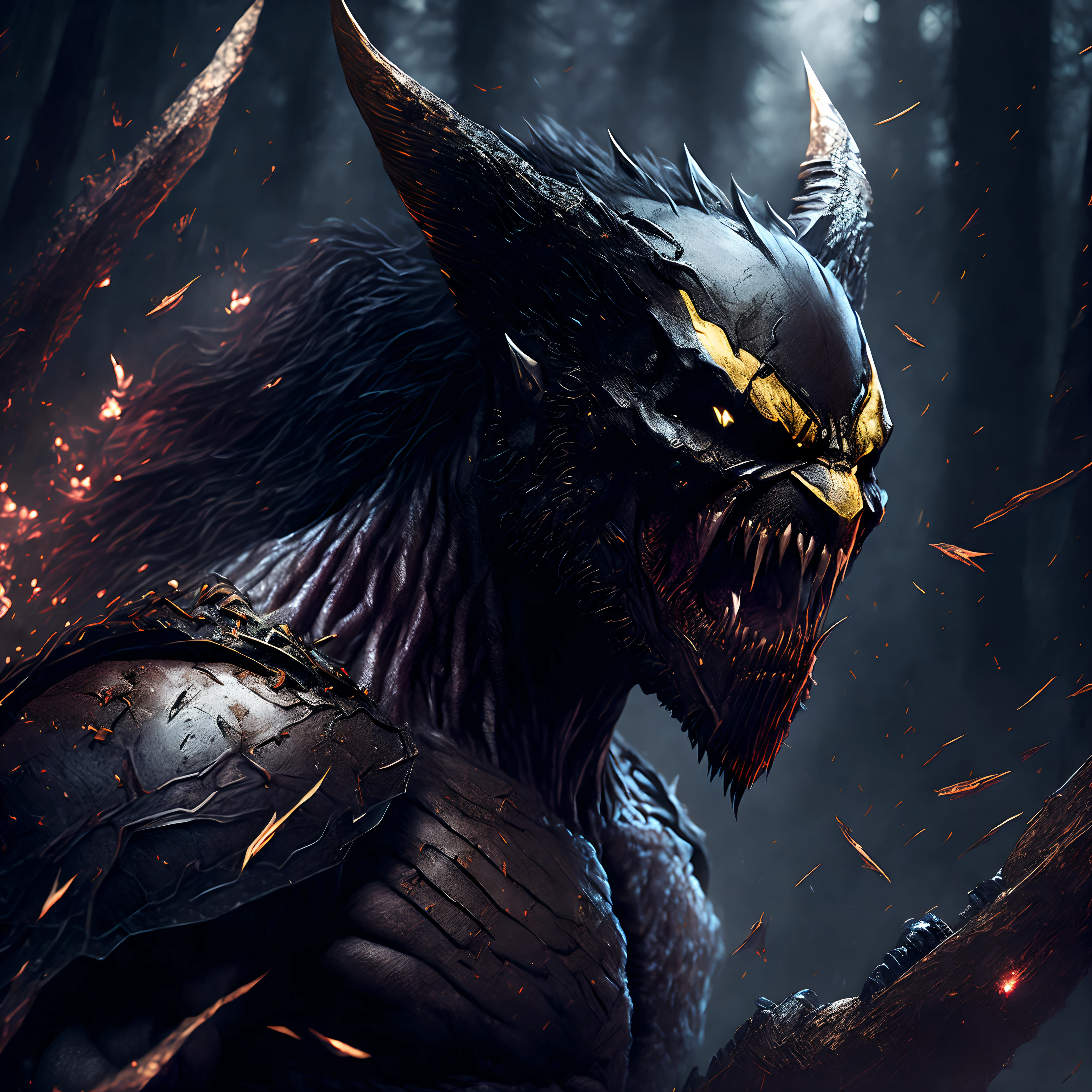 Close-up ( monster Wolverine from DC in Goth style: 1.3) emerging from the Evil wolverine forest, extremely detailed, blood on the mouth, smoke, sparks, metal shavings, flying debris, volumetric light