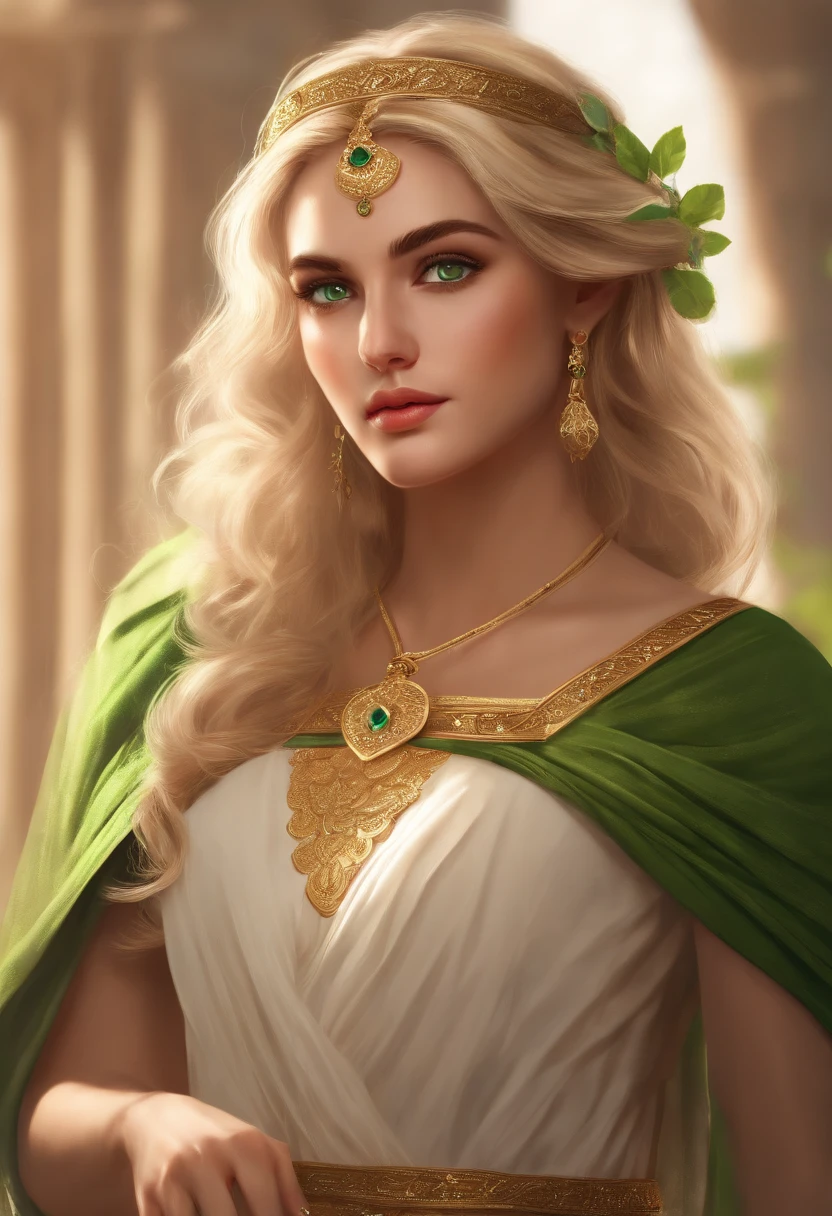 (((absurderes))), (((Best quality))), Portrait, Digital art, (trending on artstationh), ((1girll)), ((green shine eyes)), Star-shaped eyes, Beautiful, (Long beige blonde hair), (((greek clothes))):0.9.