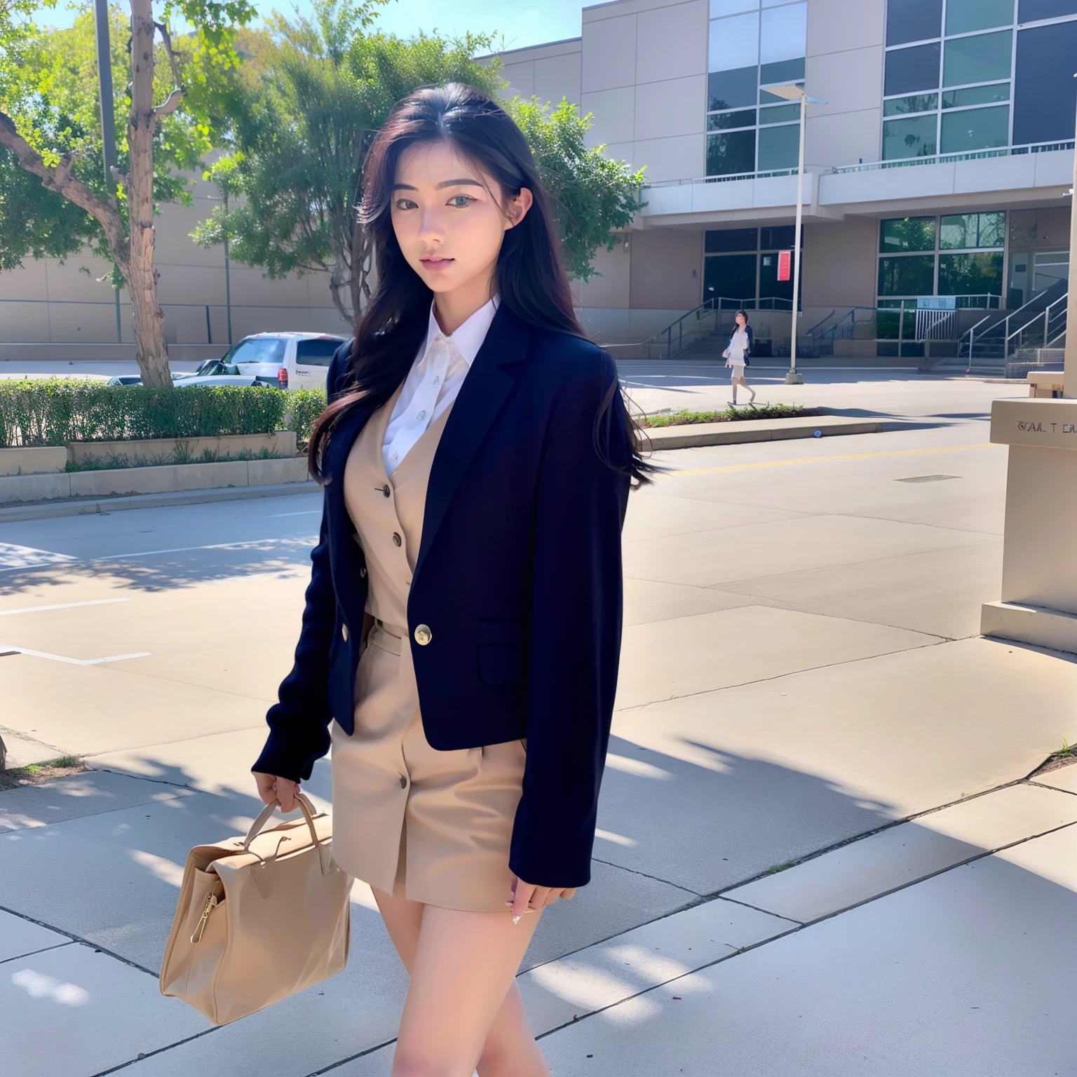 Wearing a teacher's attire at school and walking on campus