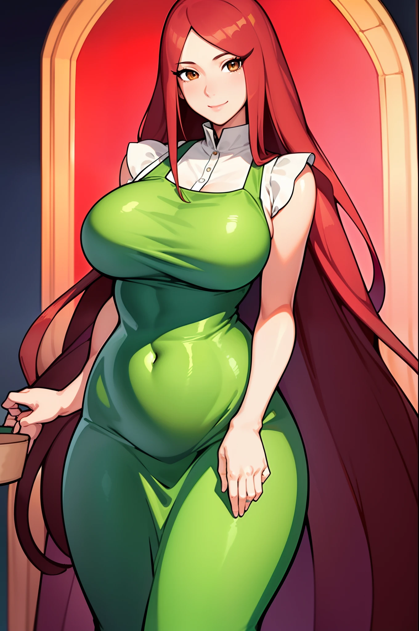 uzumaki_kushina, large_breasts, standing, solo, kushina_green_dress, masterpiece, best quality, detailed face, detailed eyes, highres,uzumaki_kushina, large_breasts, standing, solo, kushina_green_dress, green apron, long apron, beige dress, long dress, tight dress, sleeveless dress, (masterpiece:1.2, best quality), (finely detailed beautiful eyes: 1.2), ((1girl)), ((solo)), (brown eyes:1.4), (finely detailed eyes and detailed face:1.3), (beautiful and clear background:1.2), (extremely detailed CG, ultra-detailed, best shadow:1.1), ((depth of field)), ((watercolor)), large breasts, flowers and petals, beautiful concept illustration, (white background:0.5), (illustration:1.1), (extremely fine and beautiful:1.1), (perfect details:1.1), looking at viewer, smile, happy, blush, red hair, long hair, massive breasts, wide hips, thick thighs,