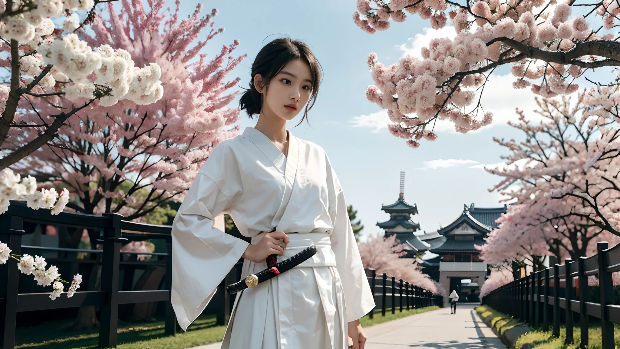 ((Small lower chest,Tomboyish,small heads)),  (short-length straighthair: 1.2), Black hair，Upper body,（极其细致的CG 8k壁纸），（Extremely refined and beautiful），（Masterpiece），（best qualtiy：1.0），（超高分辨率：1.0），beautiful light up，Perfect lightning，realistic shaded，[A high resolution]，Smooth and flawless fair skin，ultra - detailed ，(Small breasts:1.1)，Flat chest，Slim，emaciated，slender waist，serious，Mighty，（a seven quarter sleeved white kendogi:1.1），（maxi red kendo hakama：1.1），white short socks, geta，spring,night，In front of a tall huge Japanese castle，sakura blooms，standing，outside，Tree-lined roadsides，Close-up，(a long scabbard samurai katana:1.2)，Holding the katana handle with both hands，Wielding the samurai katana