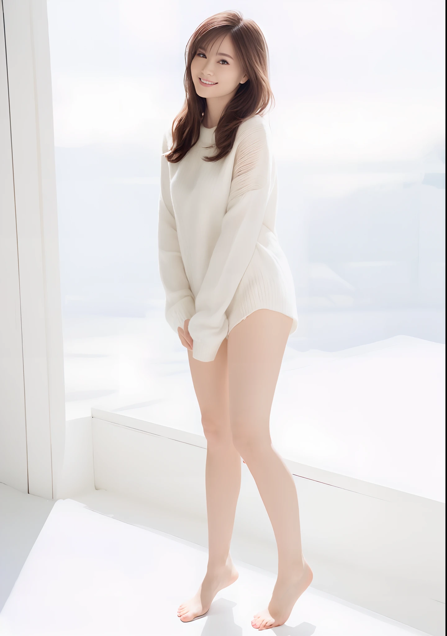 (16k, ultra high res, best quality, high quality, masterpiece:1.3), (a professional photo of girl), RAW photo, realistic illustration, (ultra detailed eyes and face), (ultra detailed beautiful skin), full body shot, elegant sleek smooth body, sultry body, perfect body, attractive body, photorealistic perfect body, Petite facial features, Super Detail Beautiful Natural Skin, natural makeup, narrow waist, slender, (wide hips:1.4), cleavage, she is very sexy, she is cute and beautifull, araffe woman in a white sweater and panties standing in front of a window, pale fair skin!!, in white clothes, pale skin!, long thin legs, white background : 3, full body! pretty face, in white room, ivory pale skin, friendly smile,