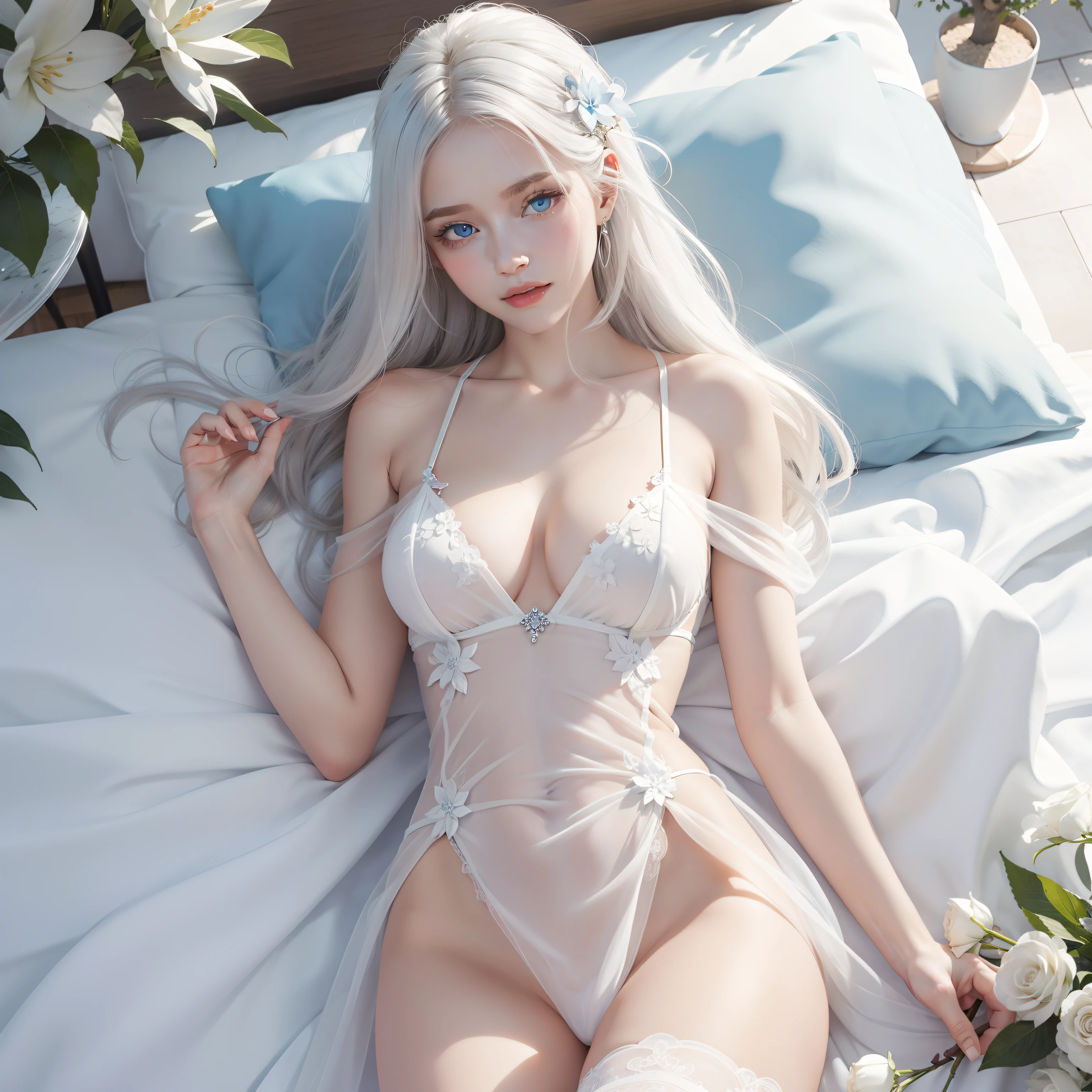 White goddess blue eyes in human shape、beautiful body of a flower of a very attractive age with white pubic hair,,,Wearing a white see-through dress,In white beds，Relax,