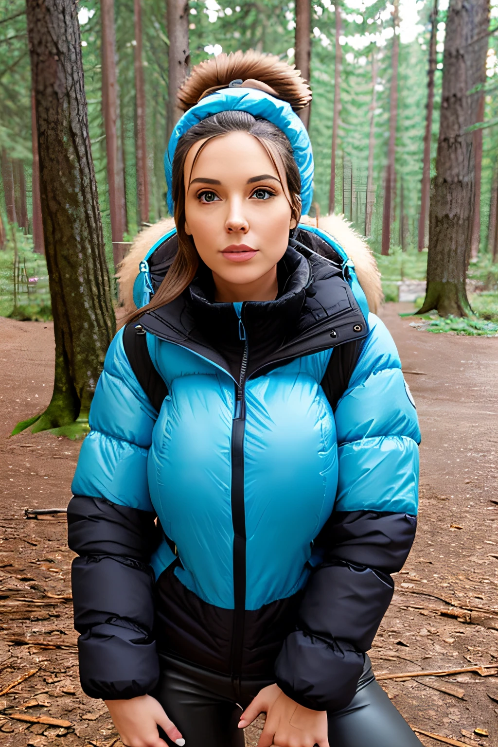 Make a woman with big breast, Blue long pufferjacket , with open zipper, with face, body, Forrest, travel bag, black pants, camper, dog