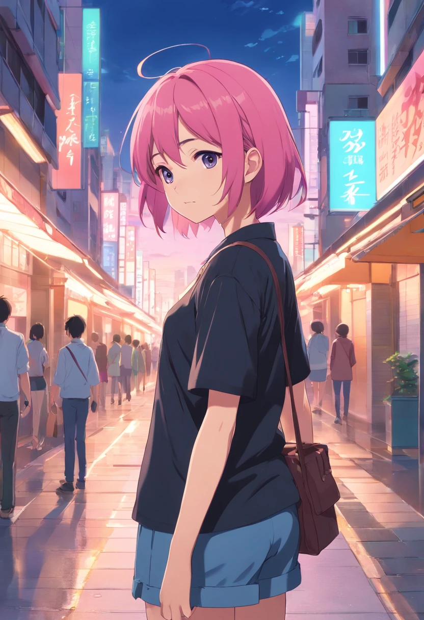 Anime girl with pink hair and black shirt standing on sidewalk, Anime style portrait, anime moe art style, Anime style. 8K, Digital anime illustration, Guviz-style artwork, anime visual of a cute girl, anime portrait, In anime style, anime art style, Anime art style, up of young anime girl, Anime style 4K