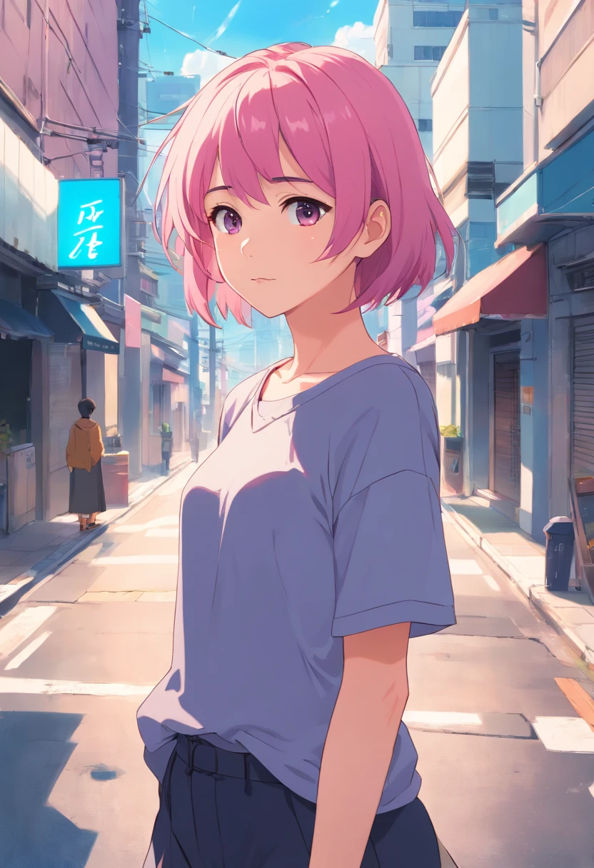Anime girl with pink hair and black shirt standing on sidewalk, Anime style portrait, anime moe art style, Anime style. 8K, Digital anime illustration, Guviz-style artwork, anime visual of a cute girl, anime portrait, In anime style, anime art style, Anime art style, up of young anime girl, Anime style 4K