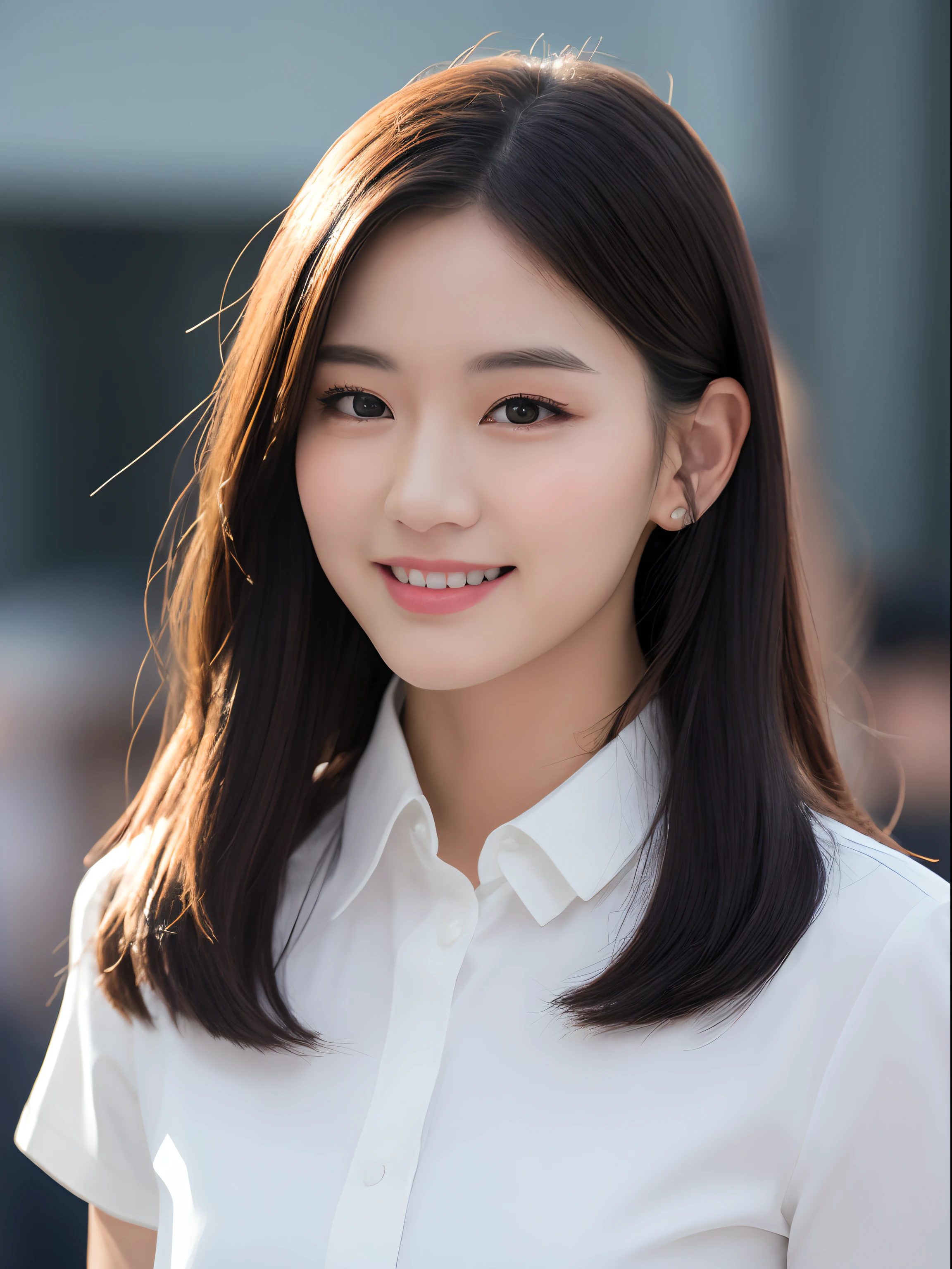 ((Best Quality, 8k, Masterpiece: 1.3)), 1 girl, smile, full body, slim face, pretty woman, short dark brown hair, white crisp shirt on upper body, black straight suit pants on upper body, high heels, super detailed face, detailed eyes, double eyelids, blurred background, slim face, tall building