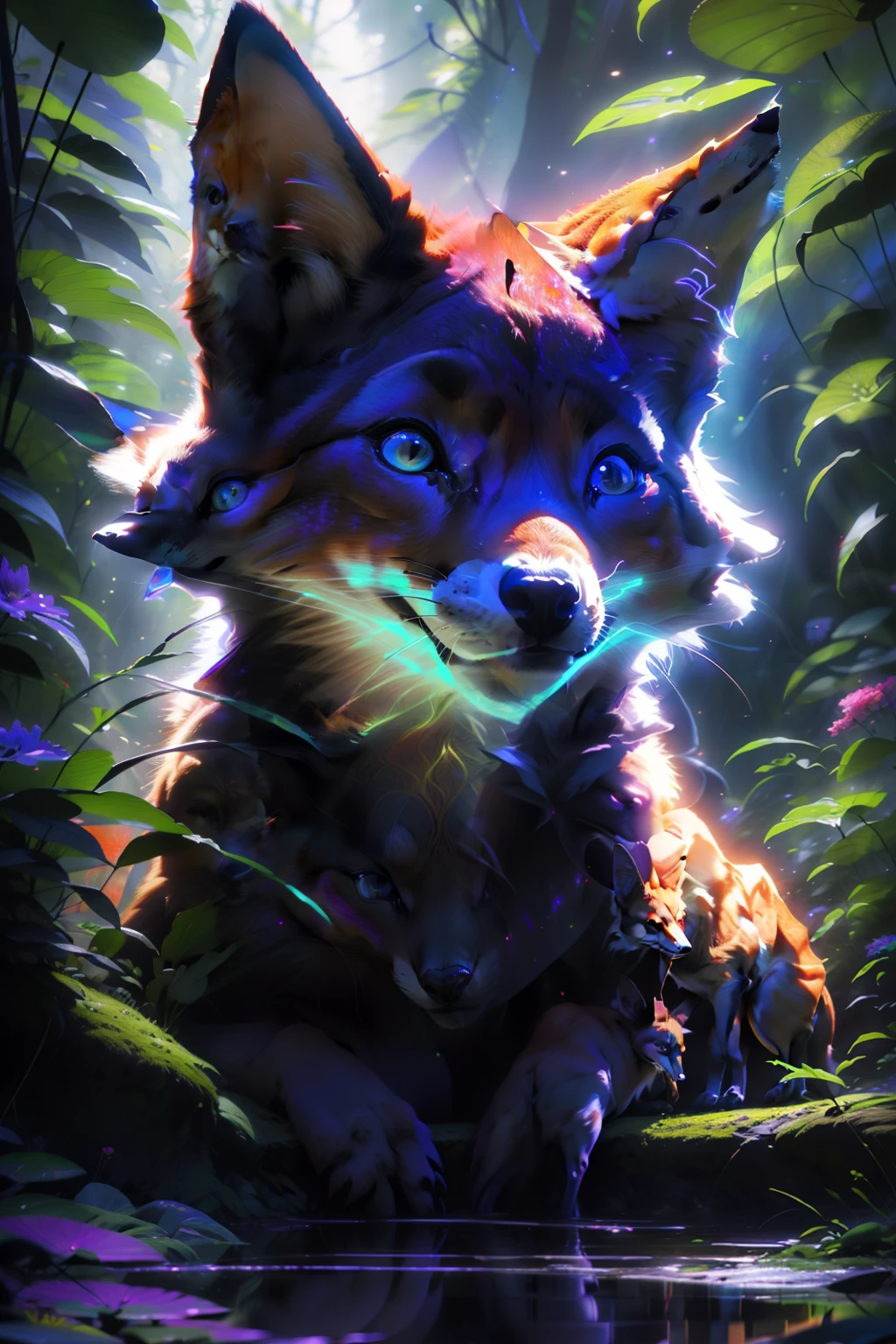 Antro Raposa realista de cores vivas iriscente com olhos brilhantes e cauda brilhante, ultra realistic antropomorph ethereal fox, raposa digital iriscente, arte de fantasia digital colorida, arte digital luminescente, Arte digital altamente detalhada em 4k, 8k arte impressionante, Arte bonita UHD 4K, Arte digital detalhada em 4k,