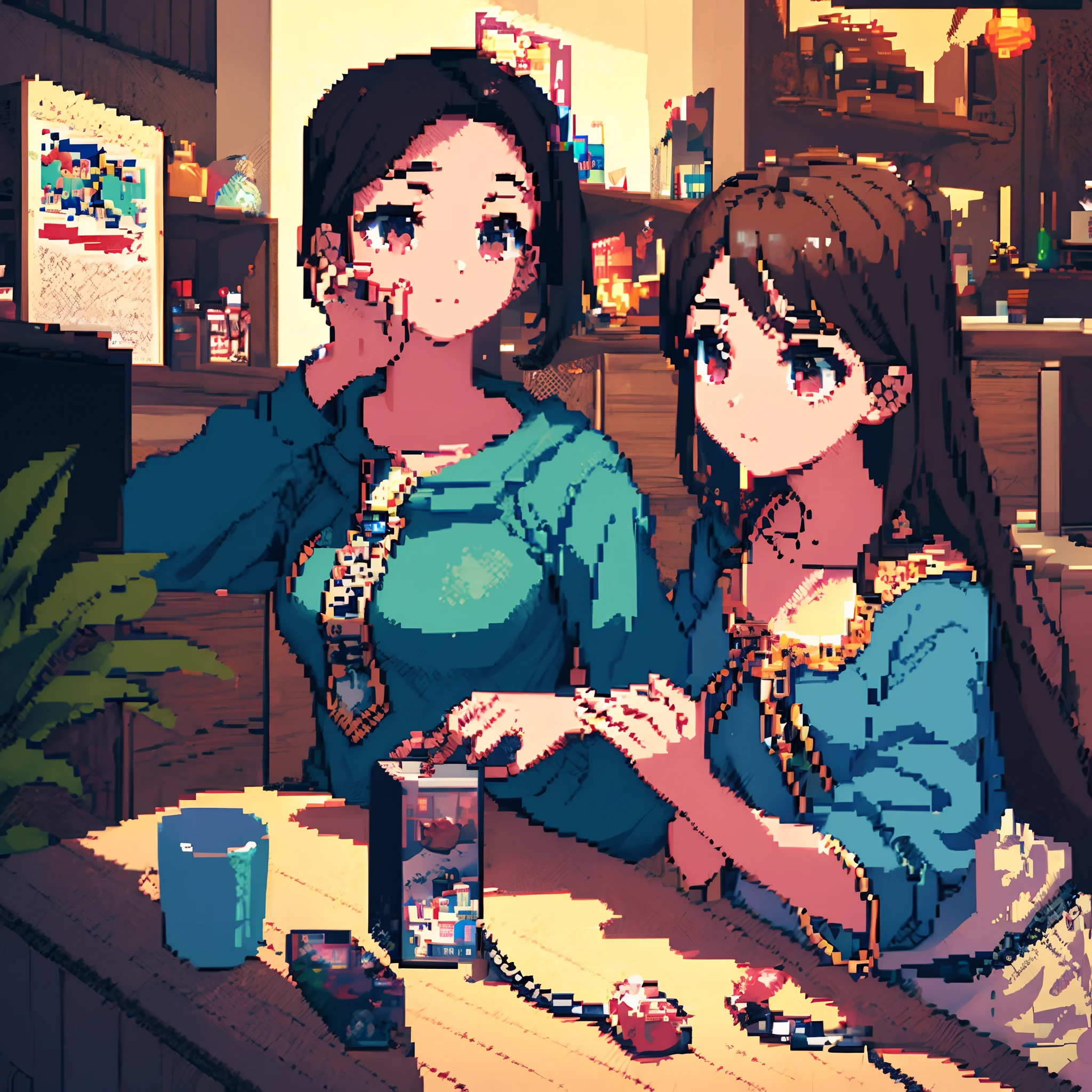 Pixel art, A dark-haired、top-quality、masterpiece、1girll、1 girl in、Beautie、Chest to top angle