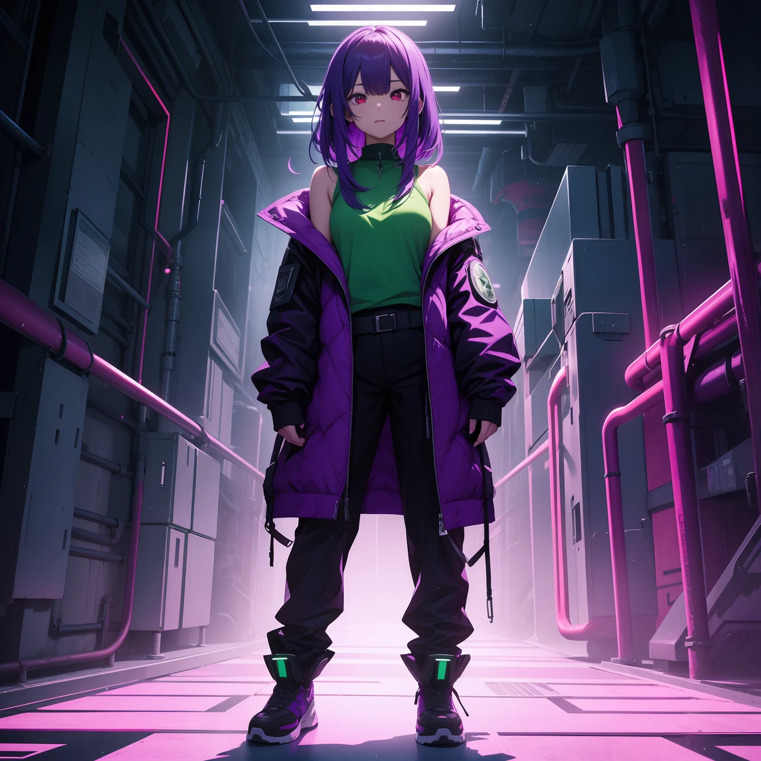 Full body depiction、（Standing in the desert）、Cyberpunk Girls、Green and purple attire、（Wearing pants）、（With belladonna properties）、The gift of death、Standing alone、The ultra -The high-definition、Guardian of plants、（（holding an ampoule with poison,,,,））、（Hair mixed with green and purple）、Put on a jacket with your shoulders out、red eyes