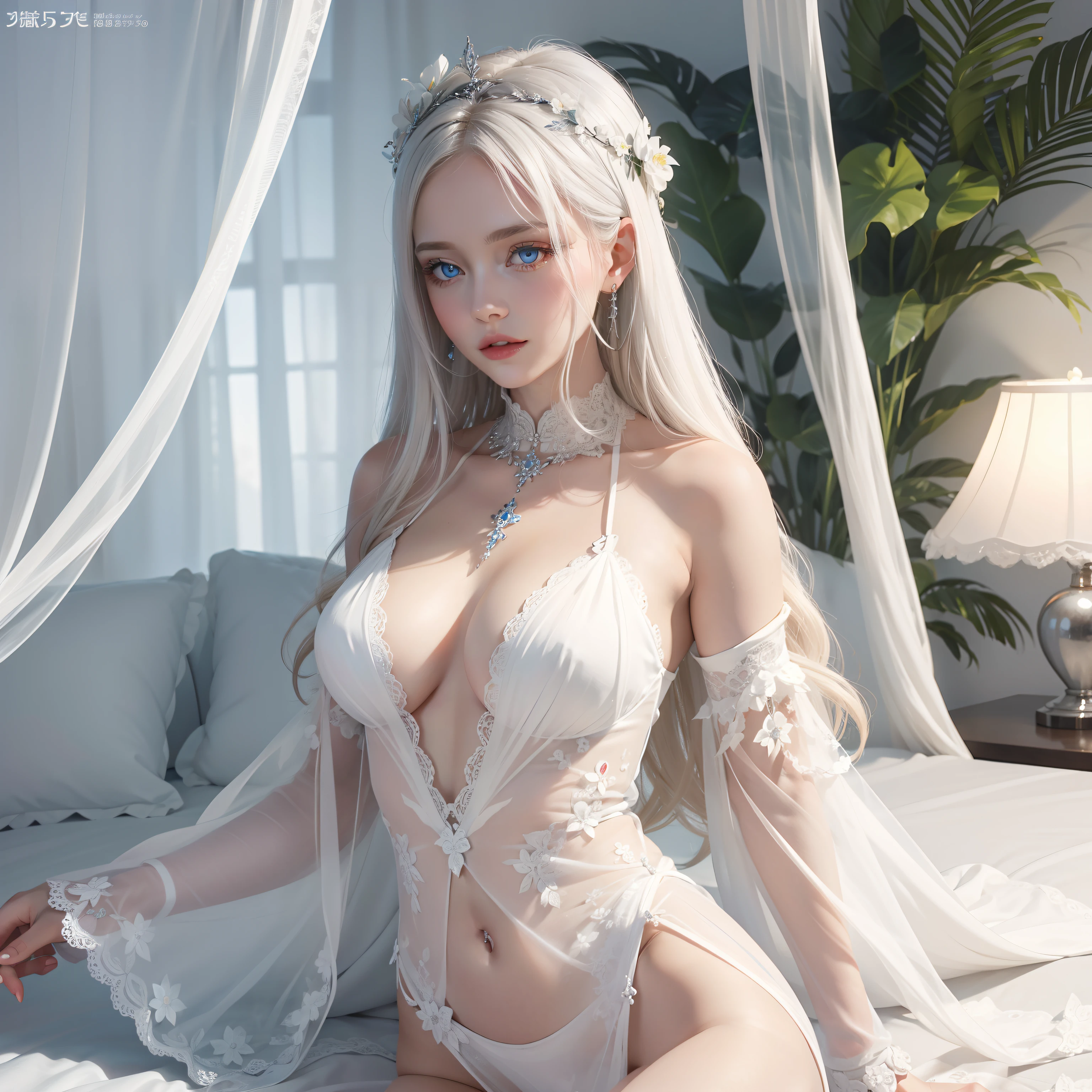 White goddess blue eyes in human shape、beautiful body of a flower of a very attractive age with white pubic hair,,,Wearing a white see-through dress,In white beds,Relax,