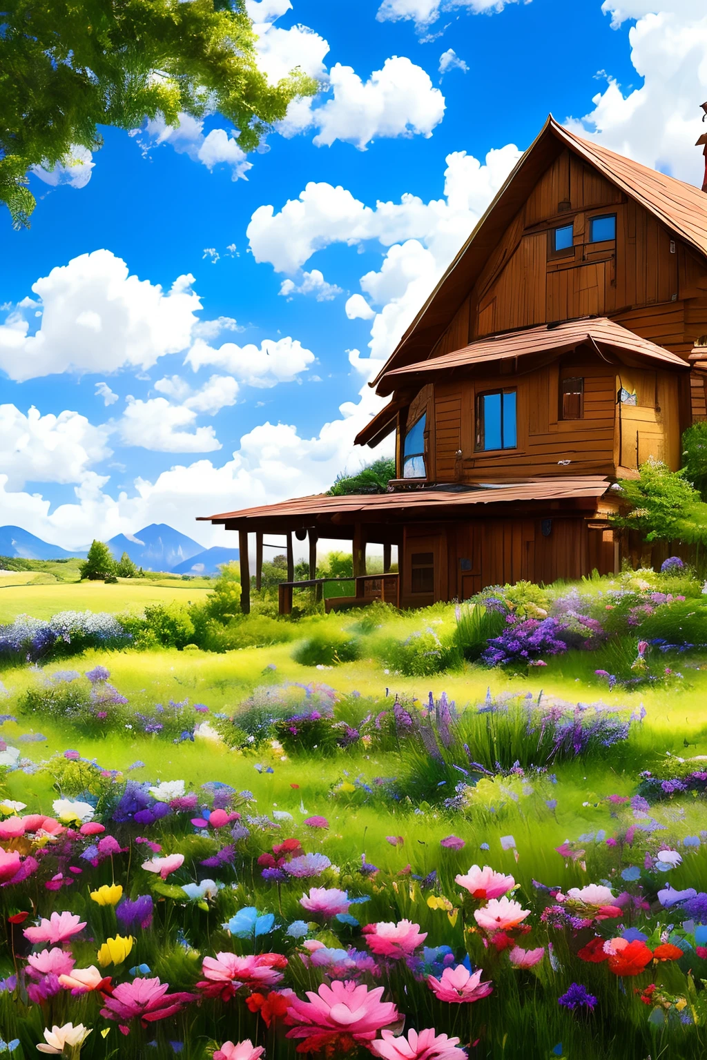 A wood house in forest with little farm nearby, mountain in distance, flowers, wooden fence, beautiful sky and clouds, 8k, printable --auto