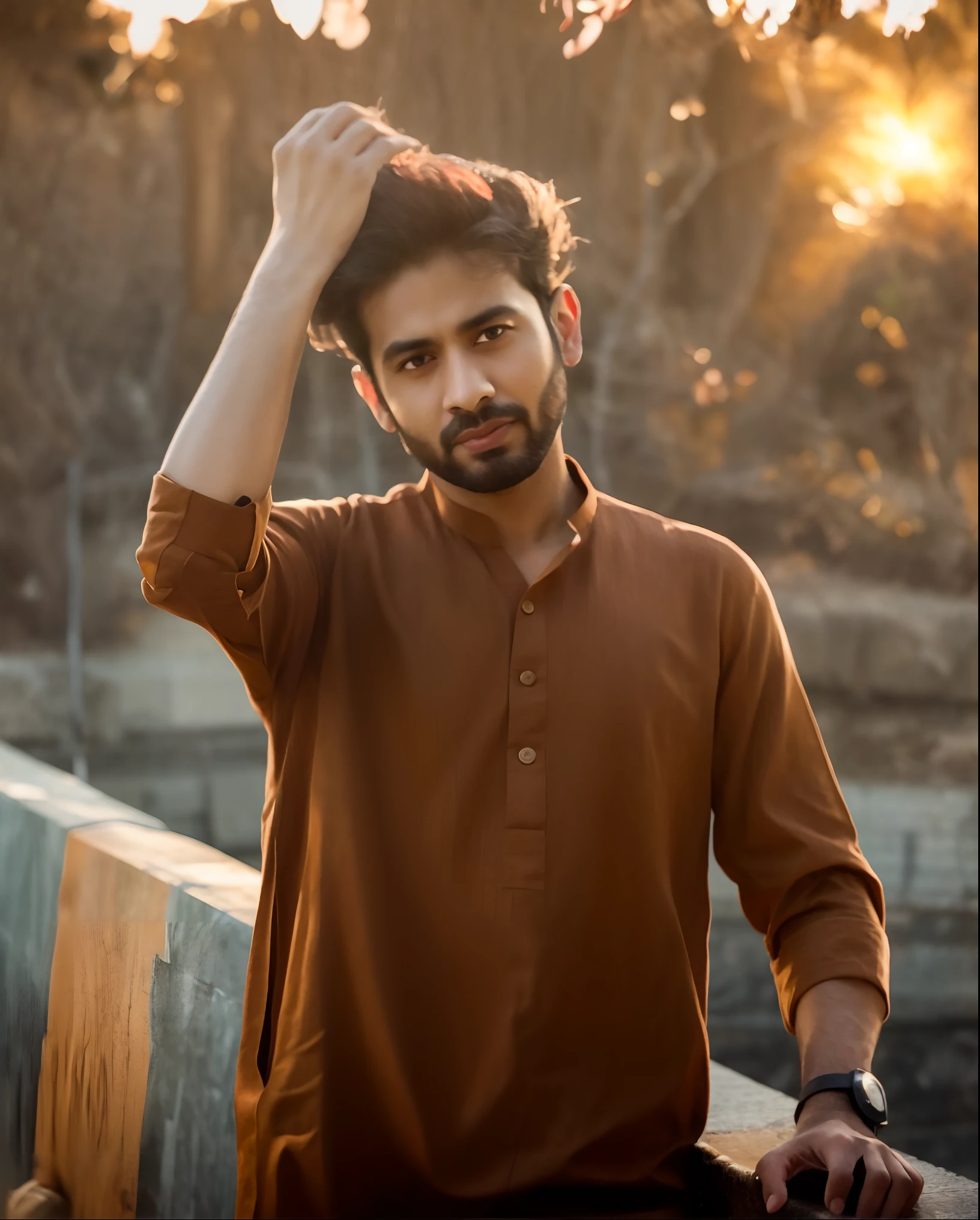 arafed man with a beard and a brown shirt standing on a bridge, wearing a kurta, wearing a silk kurta, mid shot portrait, brown shirt, modeling shoot, handsome man, high quality portrait, profile pic, kyza saleem, brown clothes, portrait shot, during golden hour, profile picture 1024px, model posing