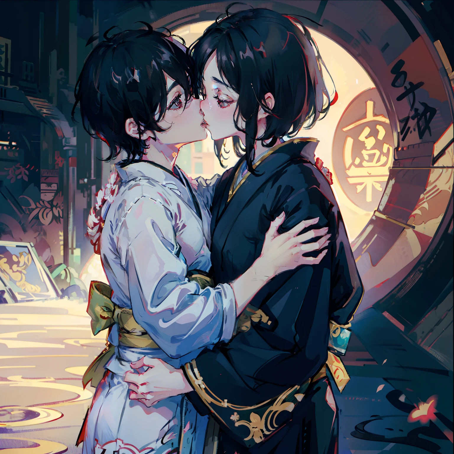 (1girl and 1boy),(both in kimono),(kissing),(girl beautiful long black hair),(girl embarrassed),(boy short hair)