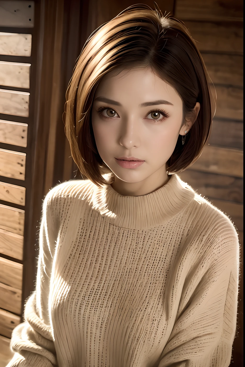masutepiece, Best Quality, hight resolution, top-quality, 8K, masterpiece, 1 girl in, Medium short hair, well-shaped milk, Erotic, elegent, Highly detailed, hyperdetailed face, Vertical plane, Detailed and big eyes, Cat-like eyes, Facing the front, Look at viewers, Light knitted sweater