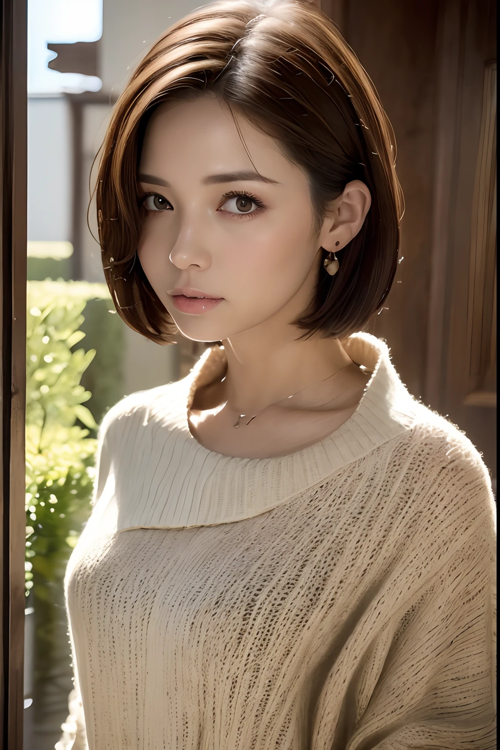 masutepiece, Best Quality, hight resolution, top-quality, 8K, masterpiece, 1 girl in, Medium short hair, well-shaped milk, Erotic, elegent, Highly detailed, hyperdetailed face, Vertical plane, Detailed and big eyes, Cat-like eyes, Facing the front, Look at viewers, Light knitted sweater