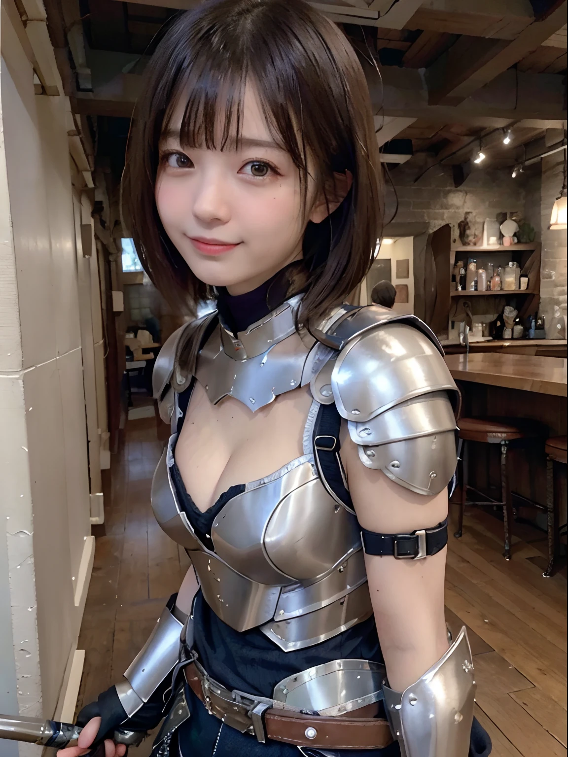 (masutepiece, top-quality, Ultra High Quality, 超A high resolution: 1.2), (8K raw photos), (Detailed eyes and skin), (detailed facial features), Detailed eyes, tre anatomically correct, (Textured skin: 1.2), (Realistic, photographrealistic: 1.2), award - winning photo, Depth of Picture, Shading by sunlight、 white toothy smile, Medium chest、cleavage of the breast, Attractive thighs, abdominals, (poneyTail: 1.2), Brown hair, (Blue eyes: 1.2), thick bangs, Blue Ribbon, ((Western-style full-body armor:1.2)), Hold the spear, Multiple monsters attacking, Female Warrior Wielding Weapon, Deep in the dungeon、Iron armour