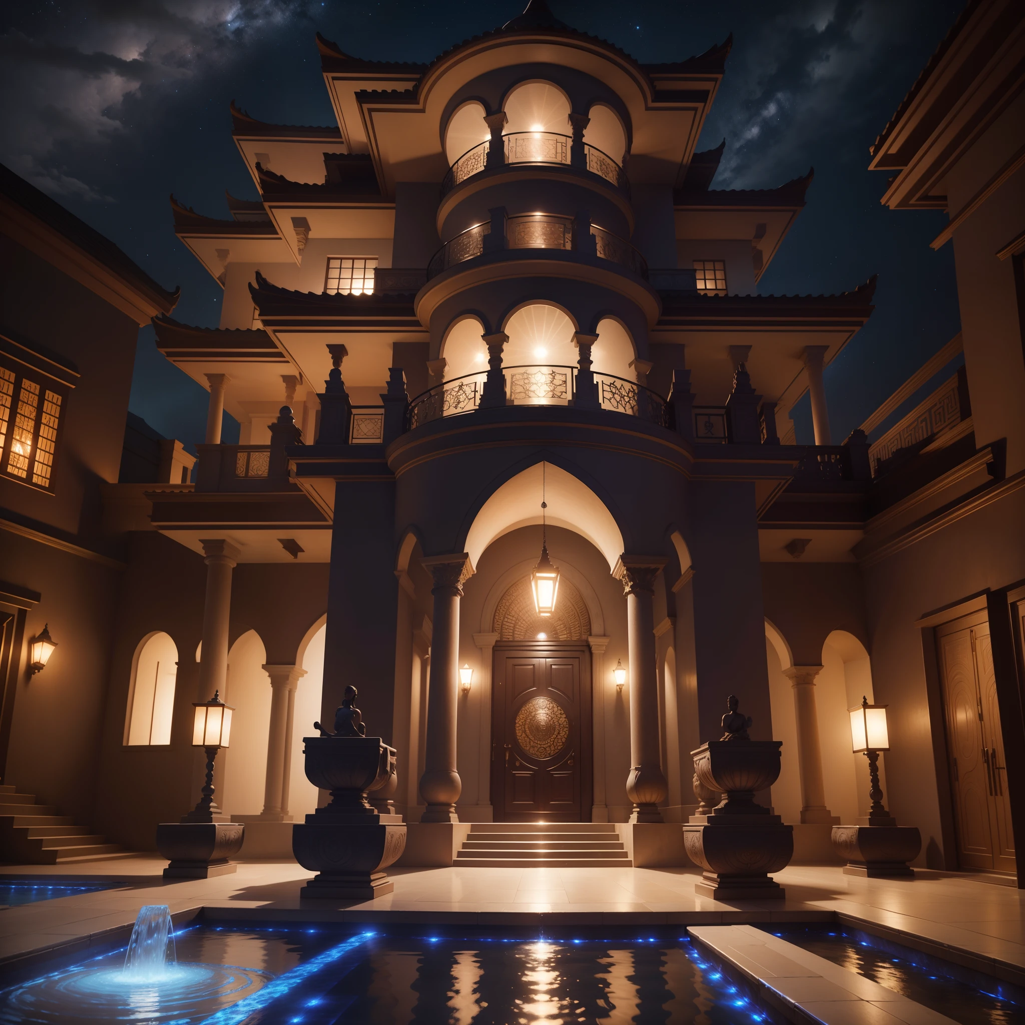 An African designed beautiful mansion with a balcony and an African designed fountain in the compound, house built with highly detailed metallic and marble look features, a billionaire's type of mansion, African designed sculptures in the compound, with the moonlight and night sky full of stars, african designed compound lighting the night scene, with iridescent light, highly detailed images, vibrant beautiful colours, photorealistic image, 32k, ultra HD, unreal engine rendered, cinematic lighting, artgerm style,