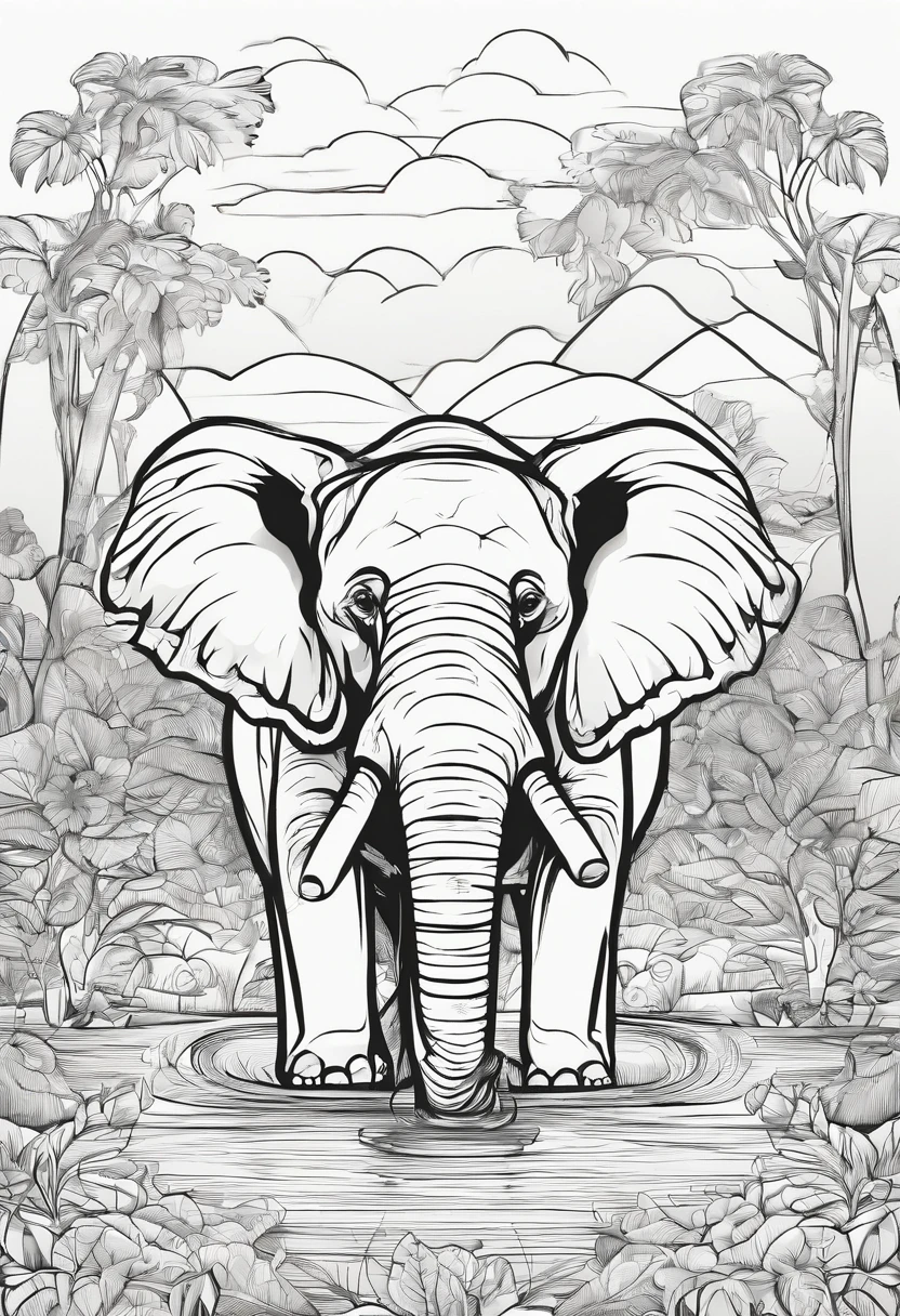 coloring pages for kids, kawaii simple An elephant splashing in a watering hole baby, cartoon style, thick lines, low detail, no shading, --ar 9:11 -