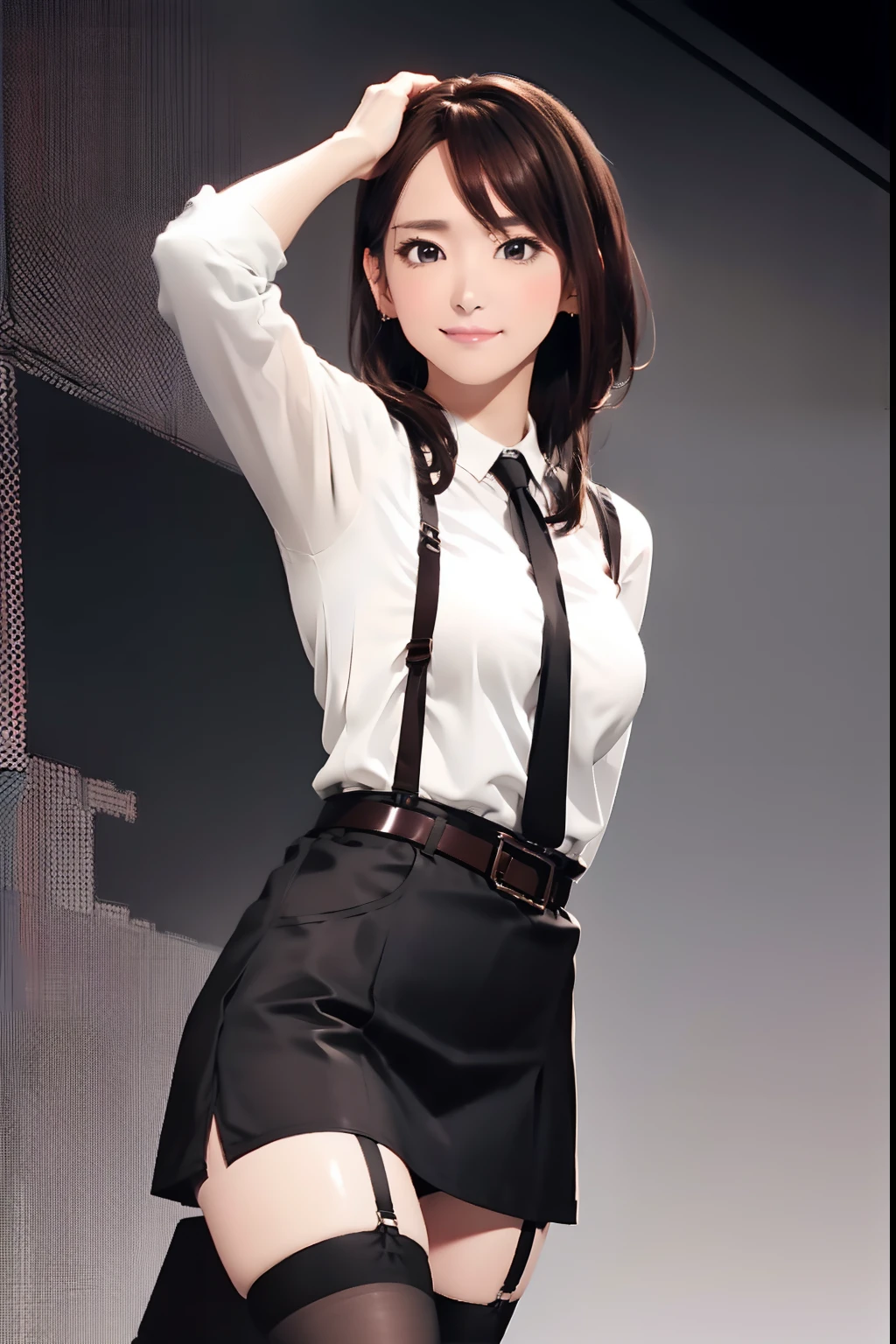Black skirt, 　suspenders, Brown hair Gray eyes, Garter belt on the legs, Tight clothes, 　　 a belt　Armpit sweat　　Tight look　Moderate breasts shortcut