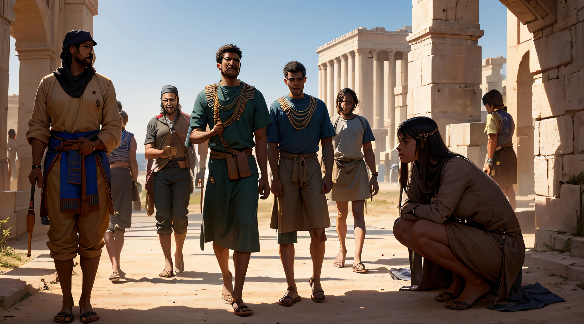 ((lifelike lighting, melhor qualidade, 8k, obra-prima: 1.3)), Foco claro: 1.2,It depicts the scenario of oppression and despair of the Hebrews enslaved by the Egyptians during Ancient Egypt. no centro da imagem, colocar um grupo de hebreus, homens e mulheres, trabalhando exaustivamente sob o sol escaldante do deserto. They are bent, carregando pesados blocos de pedra em seus ombros, enquanto os olhares atentos dos antigos guardas os seguem friamente.
The Hebrews are dressed in worn and dirty clothes, and their faces show signs of weariness and sadness. The expressions of pain and despair show the unbearable weight of the slavery they carry.
Ao fundo da cena, The imposing Egyptian structures rise, representing the grandeur of the monuments being built with the forced labor of the Hebrews. The shadows cast by the buildings symbolize the oppression that hangs over them, with endless hard work.
The scenery is arid and dusty, conveying a sense of desolation and hopelessness that pervades the lives of enslaved Hebrews. The strong sunlight highlights the chains that bind the feet of the Hebrews, reminding us of the physical and mental prison in which they are imprisoned.
Through this image, procurar retratar a realidade angustiante dos hebreus, maintaining the respect and sensitivity to history and pain they have faced during this dark period of humanity