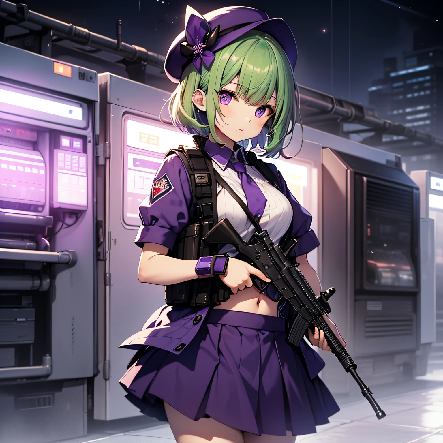 top-quality、extremely delicate and beautiful、(A  girl)、Purple Eye、Green hair、short-haired、(Purple pointy hat)、Purple tie、Soio、shortsleeves、Purple skirt、Navel,Tactical Vest、shortsleeves、Purple skirt、((Holding a submachine gun in both hands))、Midnight background、is standing