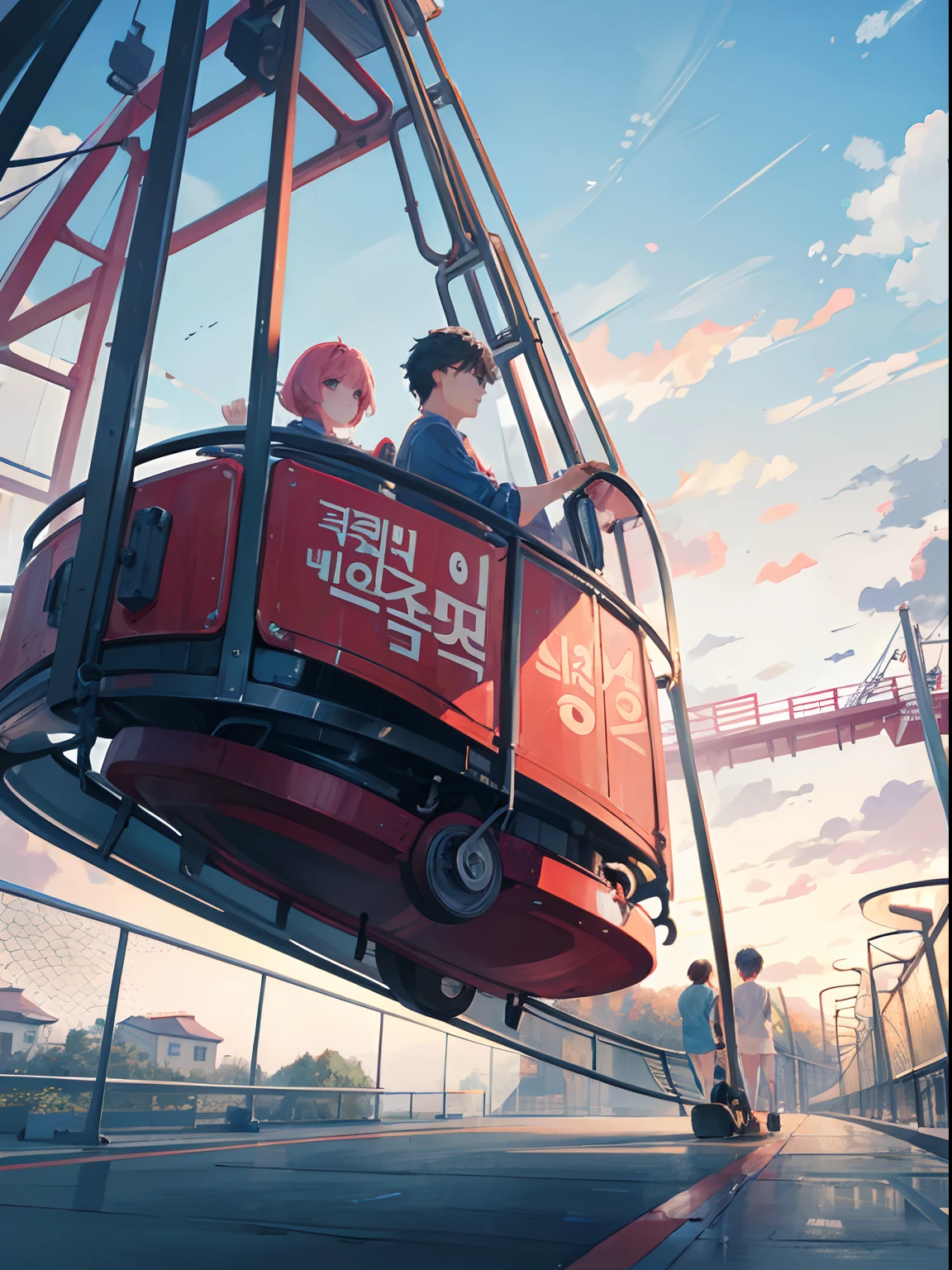 Couple, korean style, 1male, 1girl, side view, ridding roller coaster, playground, high res, ultrasharp, 8k, masterpiece, looking at viewer