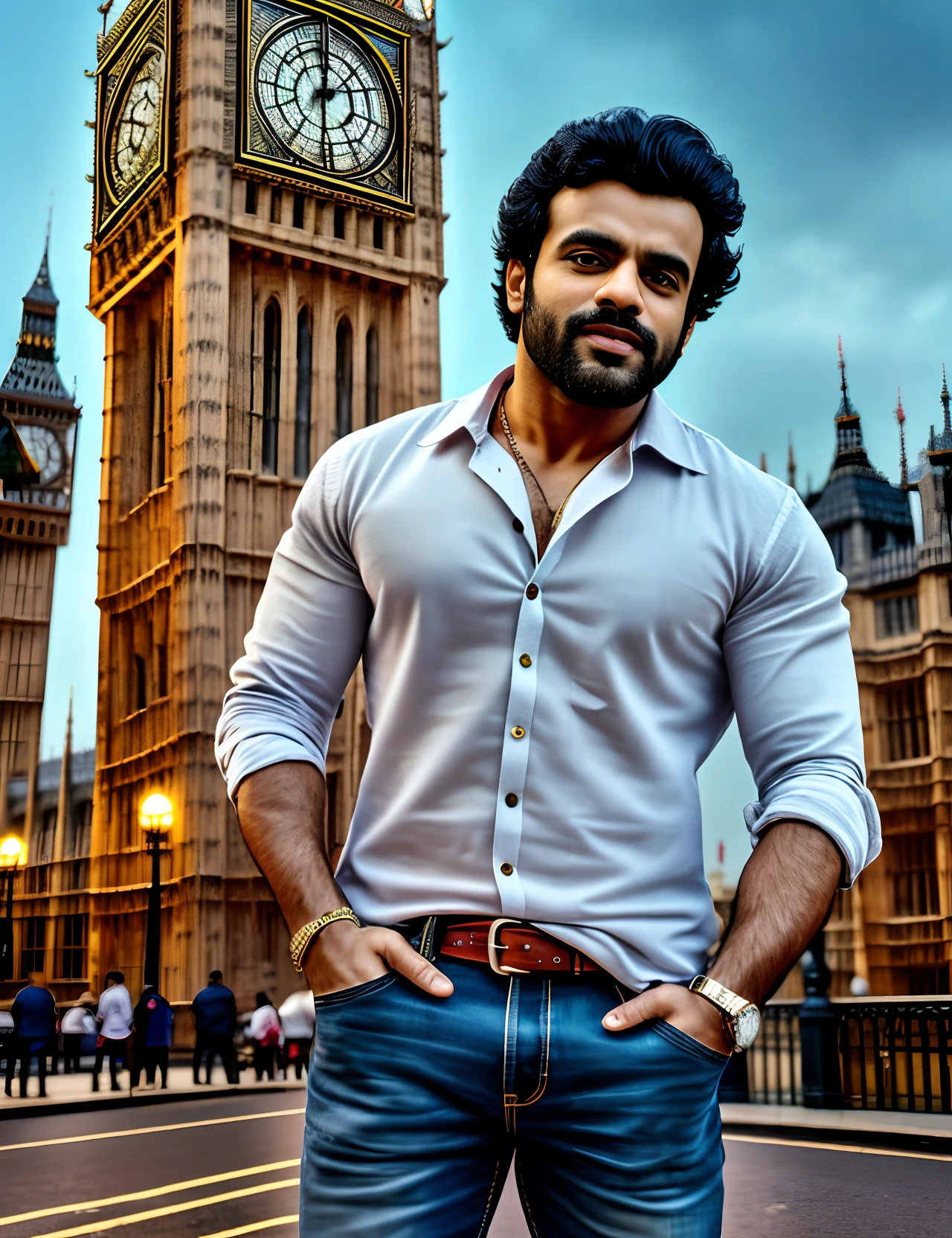 wide angle, portrait of bollywood actor Ram Charan, wearing casual clothes, in London, not wearing glasses, properly drawn hands, 4k, 8k, high resolution, full realistic photograph, real life character, Big Ben in background, blur background --auto --s2