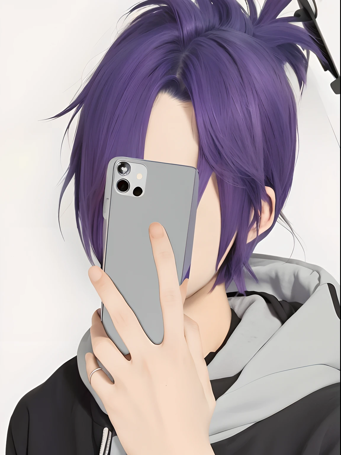 1 man with selfie camera pose, take a photos infront of mirror, faceless, purple hair, white hoodie, ultra detail, realistic
