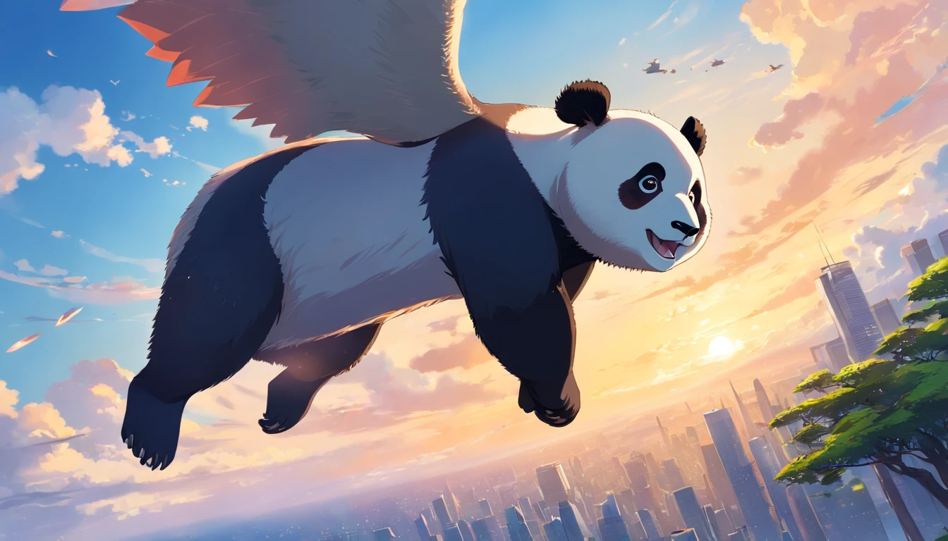 A cute giant panda is flying, Panda, highly detailed digital painting,  author：Hero, highly detailed digital painting, Drawing numbers cute, "Portrait of a cartoon animal,  director: Liang Kai, beautiful detailed digital art, author：Ni Tian, tian zi, high quality digital painting, perfect  eyes, opening eyes, with brown eye, A little fun,