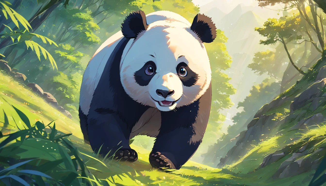 A cute giant panda is flying, Panda, highly detailed digital painting, author:Hero, highly detailed digital painting, Drawing numbers cute, "Portrait of a cartoon animal, director: Liang Kai, beautiful detailed digital art, author:Ni Tian, tian zi, high quality digital painting, perfect eyes, opening eyes, with brown eye, A little fun,