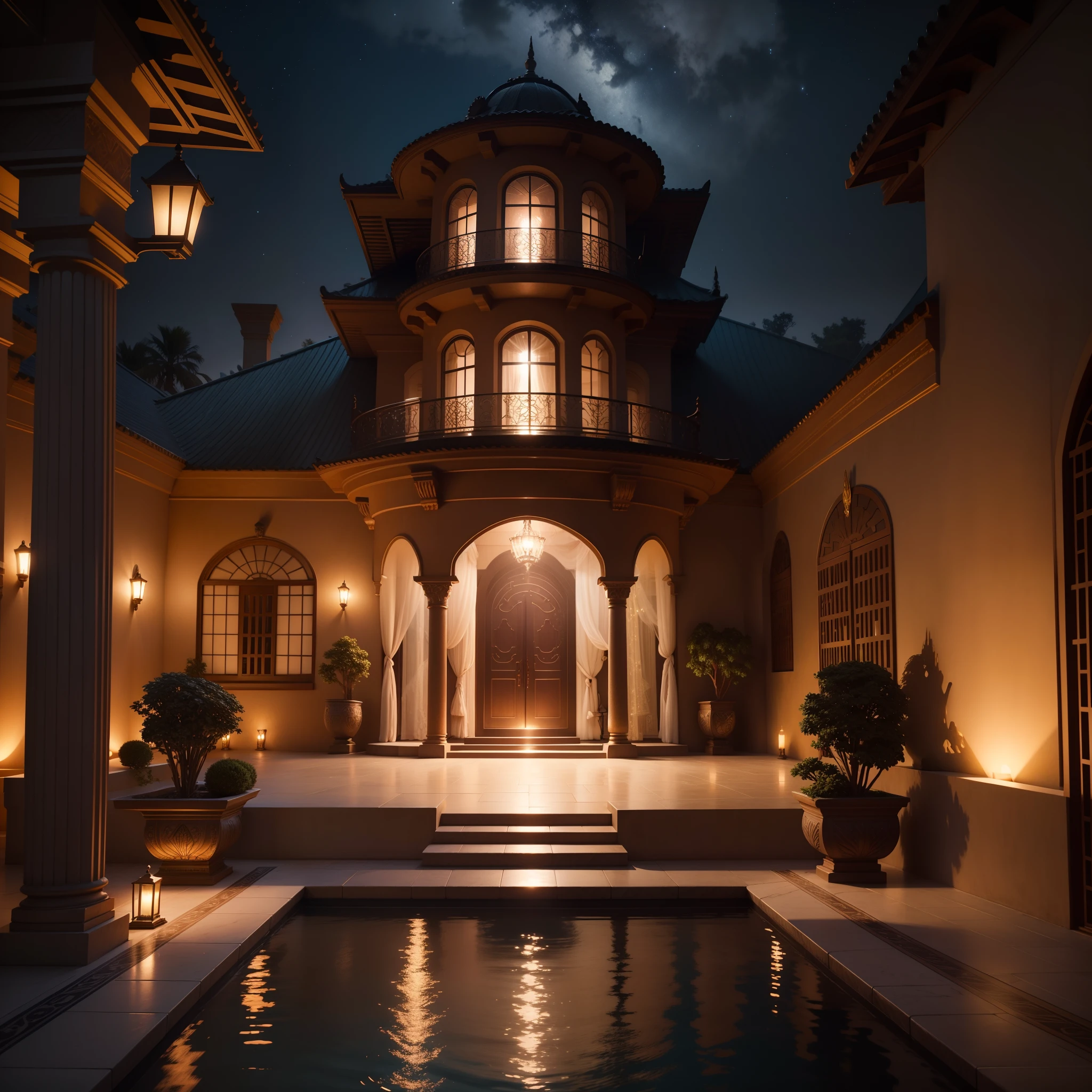 An African designed beautiful mansion with a balcony and an African designed fountain in the compound, house built with highly detailed metallic and marble look features, a billionaire's type of mansion, African designed sculptures in the compound, with the moonlight and night sky full of stars, african designed compound lighting the night scene, with iridescent light, highly detailed images, vibrant beautiful colours, photorealistic image, 32k, ultra HD, unreal engine rendered, cinematic lighting, artgerm style,