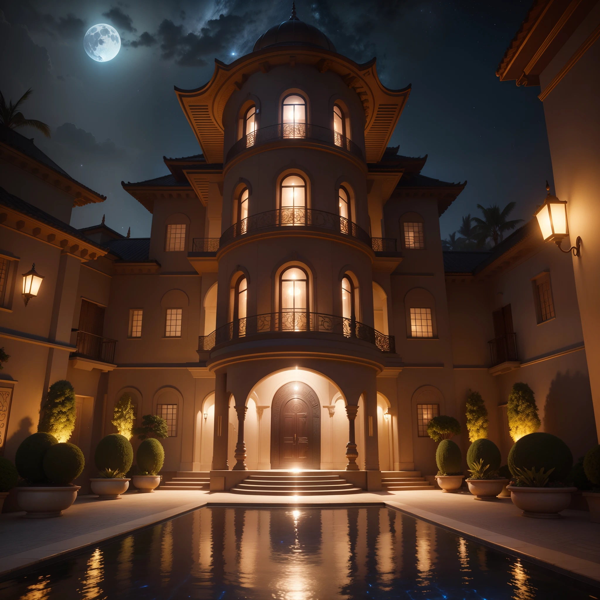 An African designed beautiful mansion with a balcony and an African designed fountain in the compound, house built with highly detailed metallic and marble look features, a billionaire's type of mansion, African designed sculptures in the compound, with the moonlight and night sky full of stars, african designed compound lighting the night scene, with iridescent light, highly detailed images, vibrant beautiful colours, photorealistic image, 32k, ultra HD, unreal engine rendered, cinematic lighting, artgerm style,