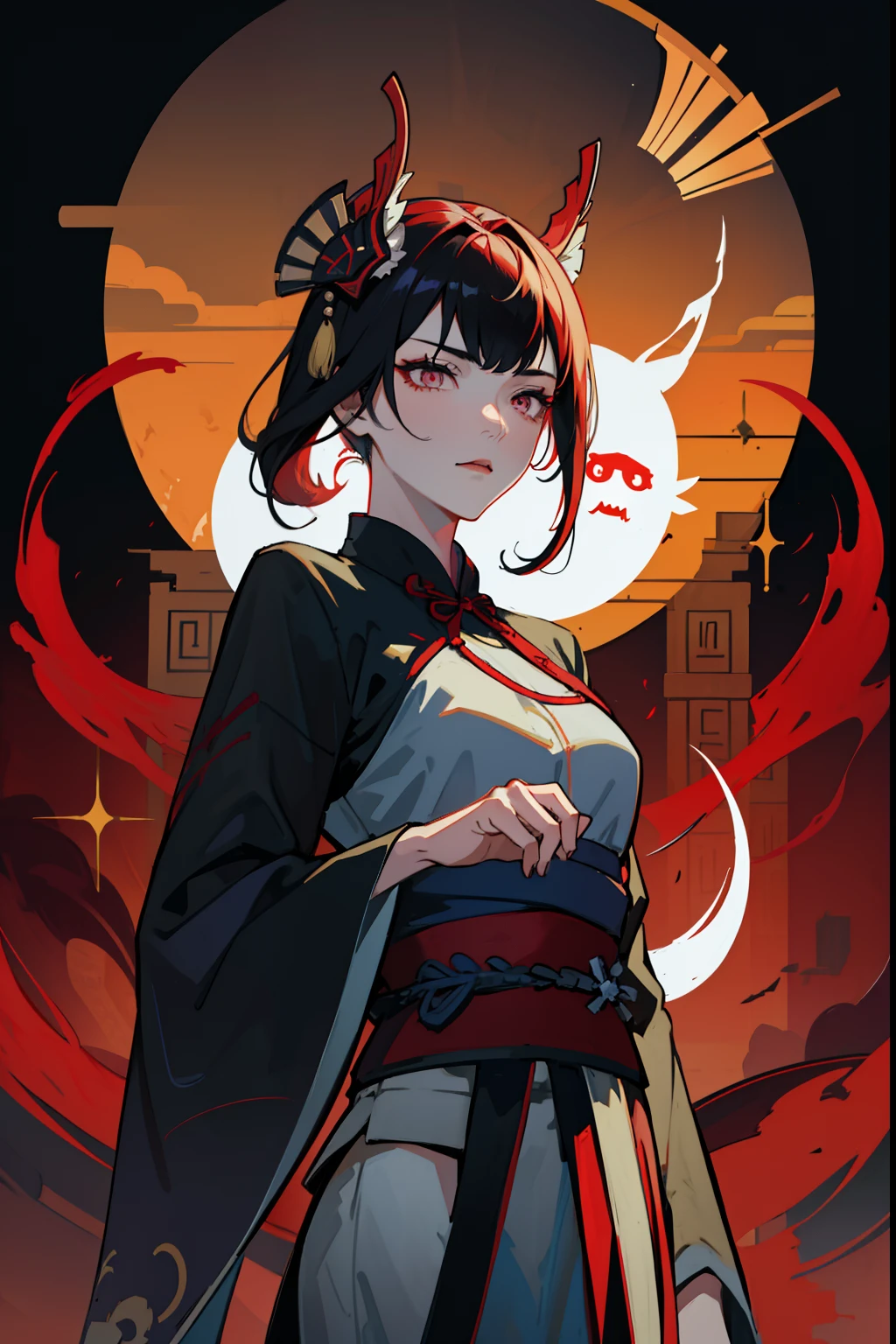 anime girl with horns and horns on her head in front of a gate, guweiz, artwork in the style of guweiz, demon anime girl, guweiz on pixiv artstation, kawacy, onmyoji portrait, portrait of demon girl, guweiz on artstation pixiv, digital anime illustration, anime style illustration, anime illustration
