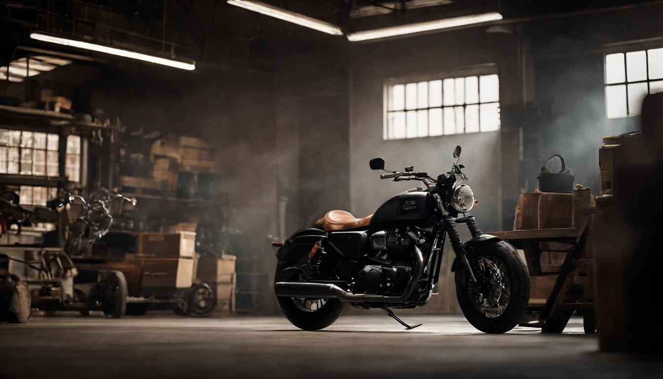 Background photo, garage interior, motorcycle repair garage, no vehicles, very dark interior