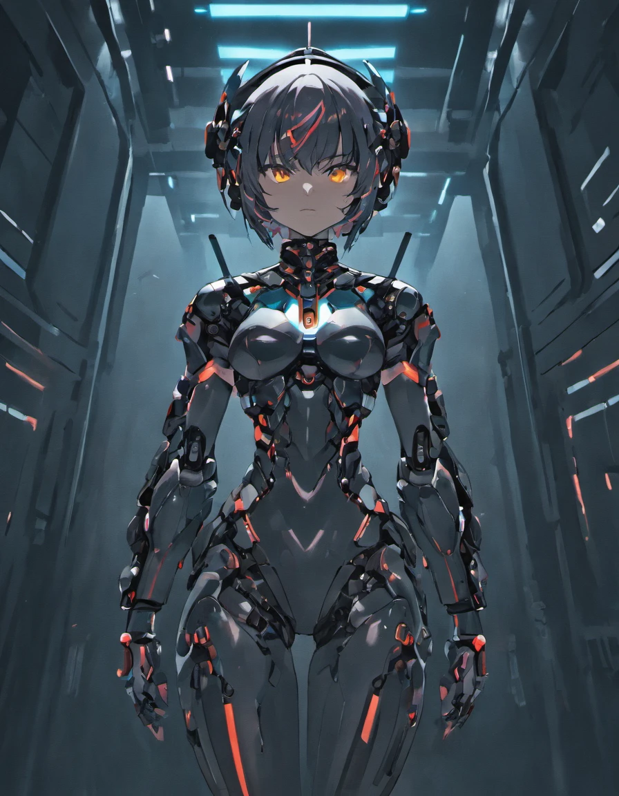 Costume planning theme scifiStyle:a black robotics, futuristics style, cyberpunk. Dark-black, black, grey details: a robot suit