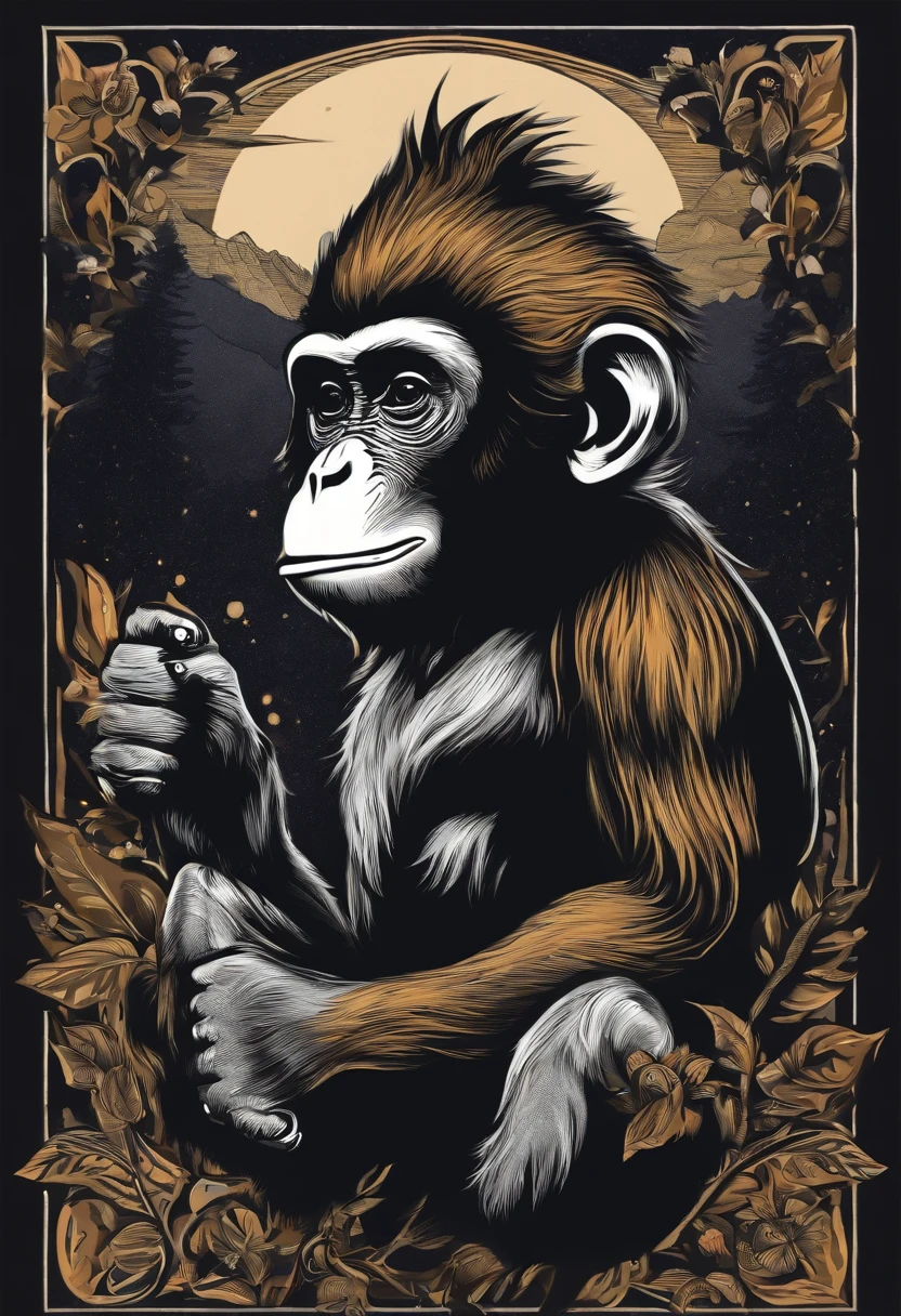 /imagine prompt: monkey illustration for a sticker with a black background, in bold outline style, jagged edges, trashcore, light shading --v 5.2